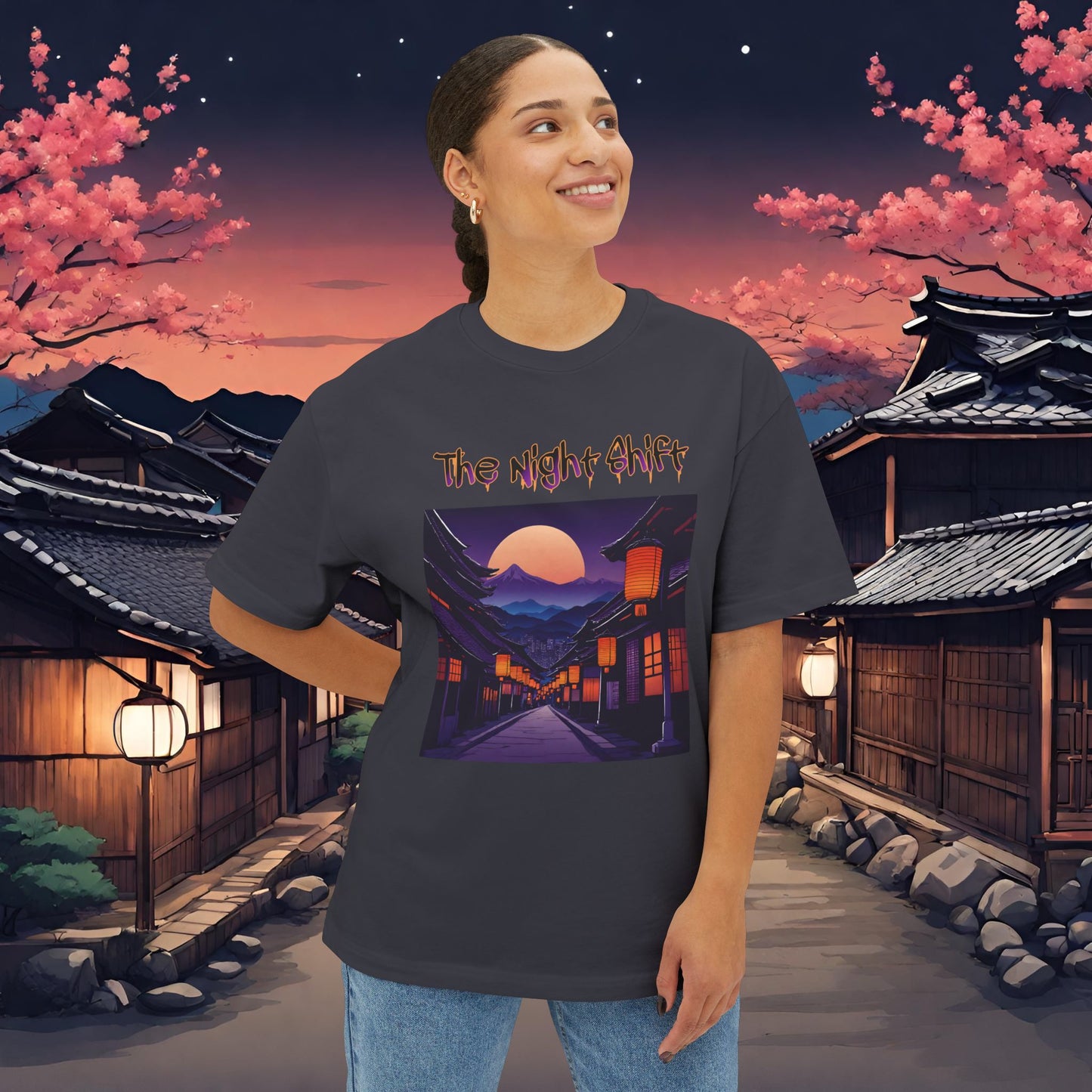 Moonlit Japanese Traditional Village-Premium, Ultra Soft Unisex Oversized Boxy Tee Printify by The Night Shift Automotive Apparel