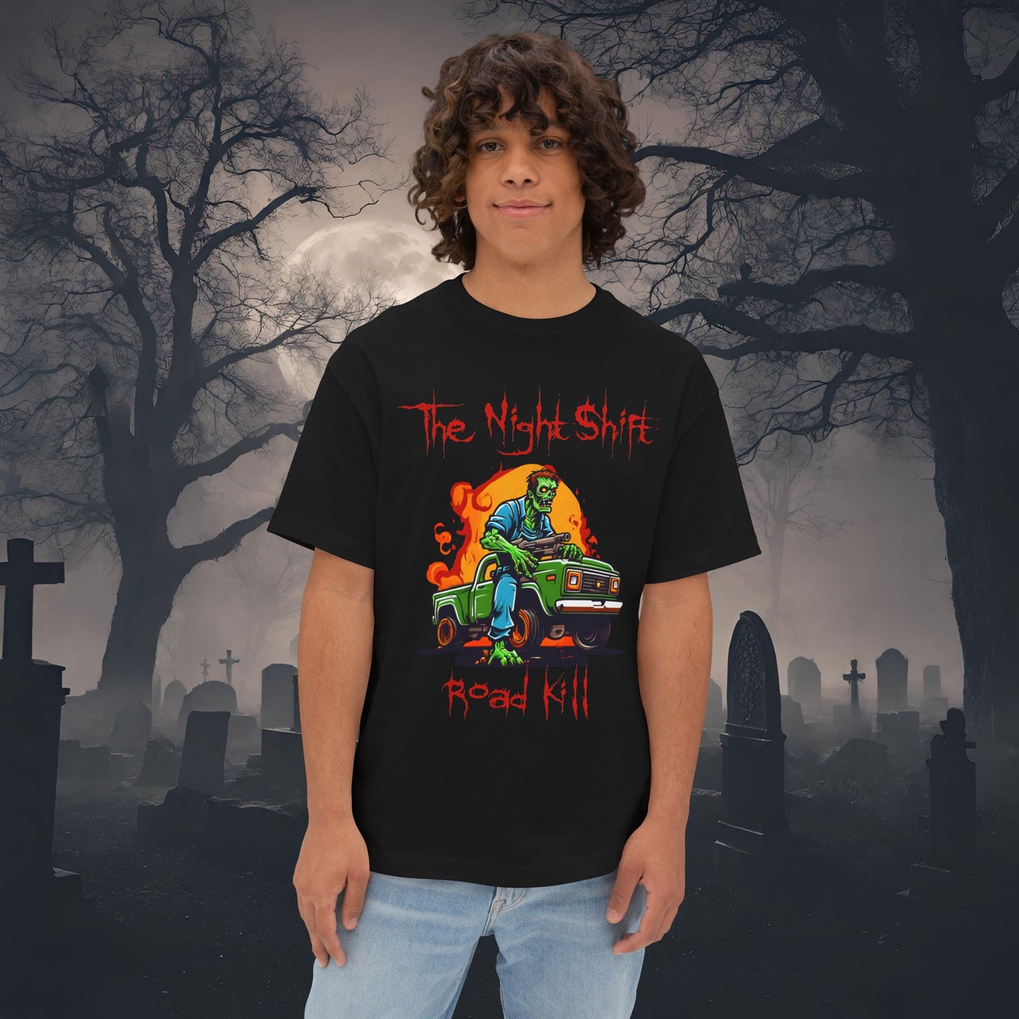 Zombie Road Kill-Premium, Ultra Soft Unisex Oversized Boxy Tee Black Printify by The Night Shift Automotive Apparel