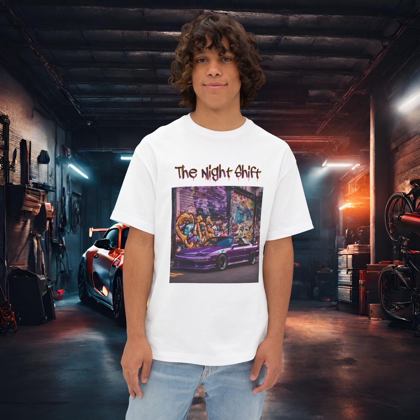 Nissan 240sx Graffiti-Premium, Ultra Soft Unisex Oversized Boxy Tee White Printify by The Night Shift Automotive Apparel