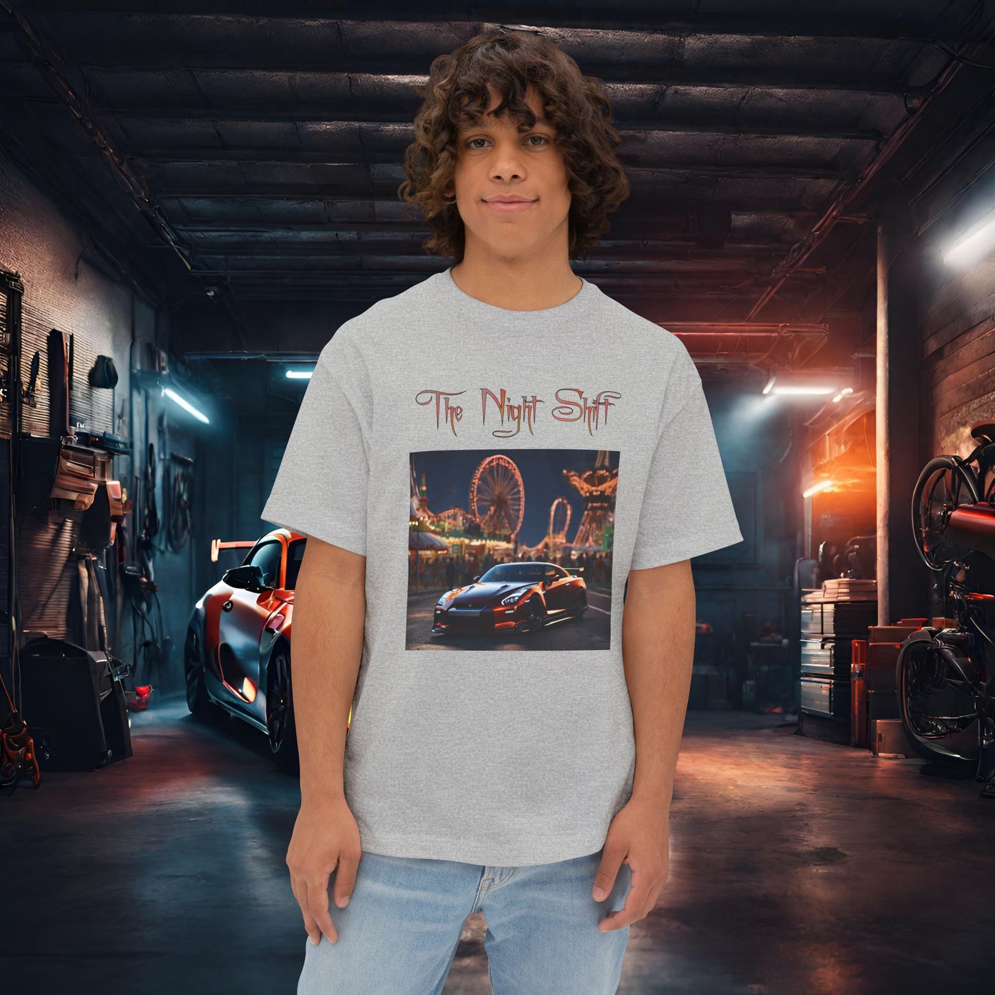 Nissan GTR R35 Amusement Park-Premium, Ultra Soft Unisex Oversized Boxy Tee Athletic Heather Printify by The Night Shift Automotive Apparel