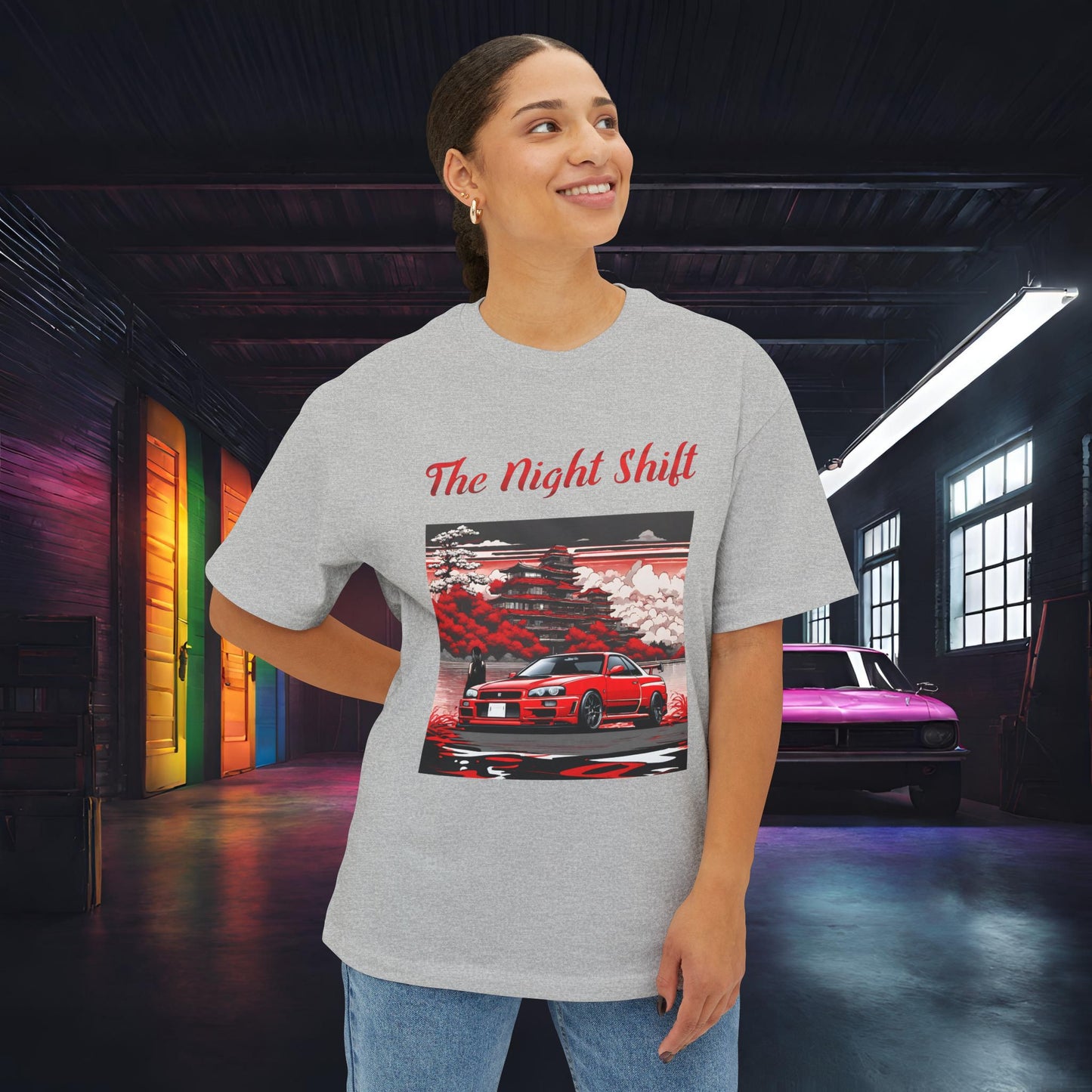 Nissan Skyline R34 Cherry Blossom-Premium, Ultra Soft, Unisex Oversized Boxy Tee Printify by The Night Shift Automotive Apparel