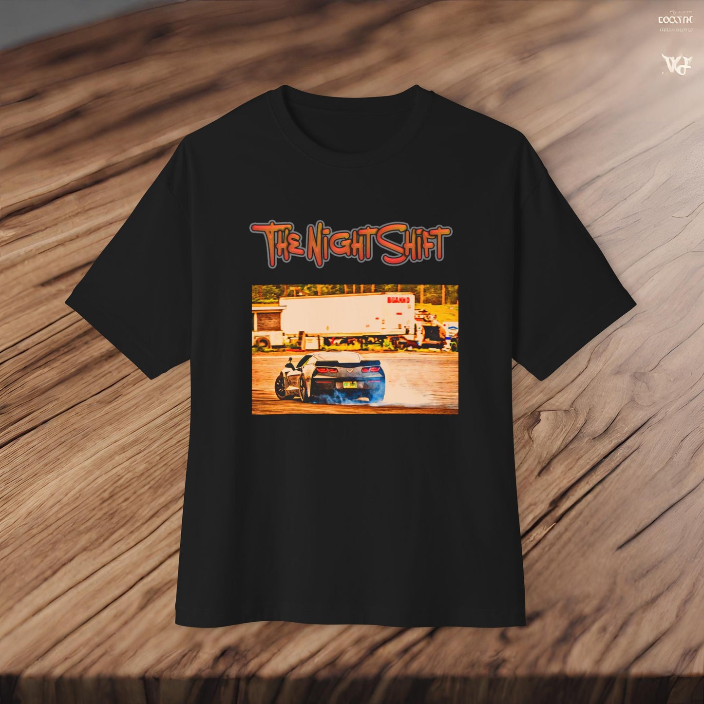 Chevy Corvette C7 Drifting Lebanon Valley-Premium, Ultra Soft Unisex Oversized Boxy Tee Printify by The Night Shift Automotive Apparel
