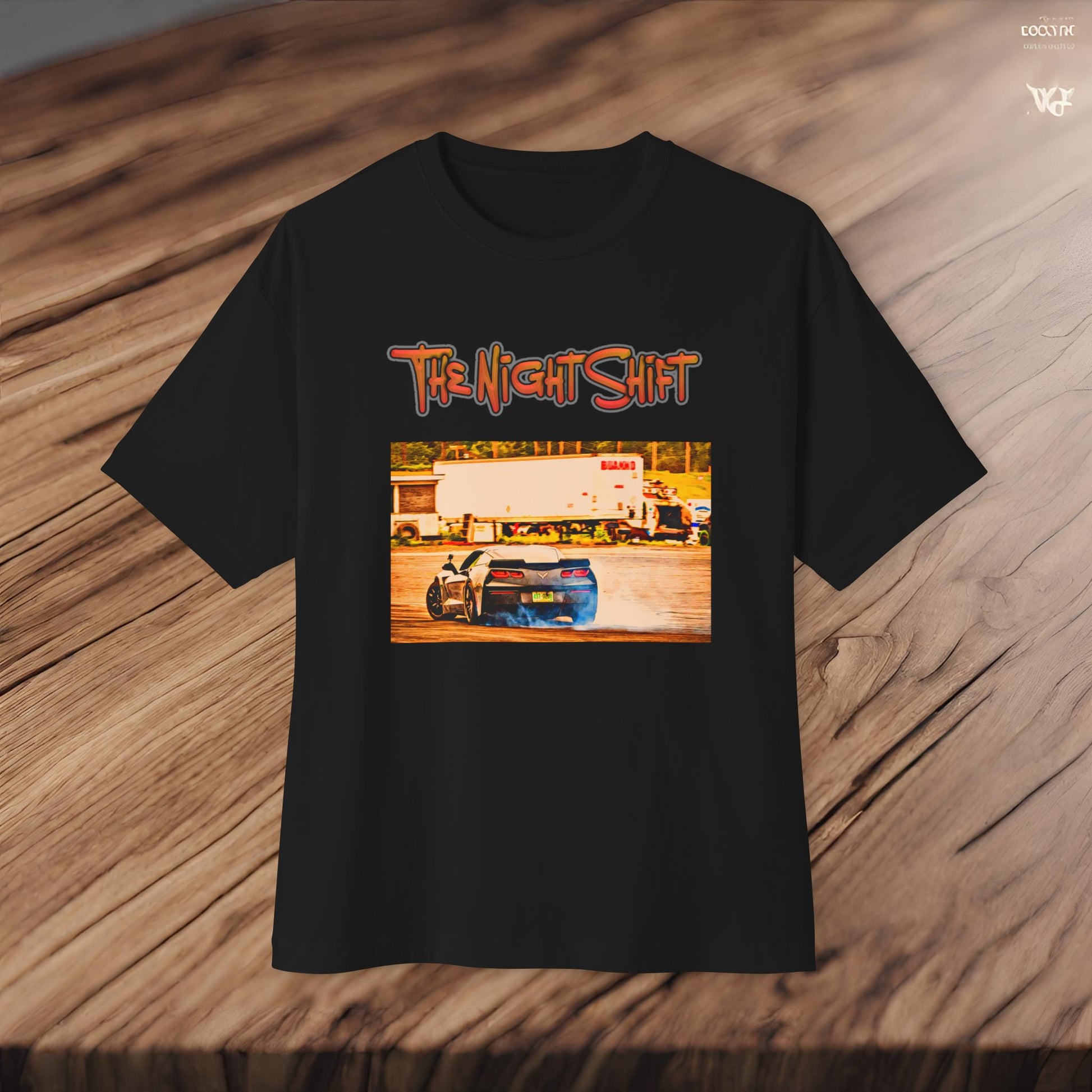 Chevy Corvette C7 Drifting Lebanon Valley-Premium, Ultra Soft Unisex Oversized Boxy Tee Printify by The Night Shift Automotive Apparel