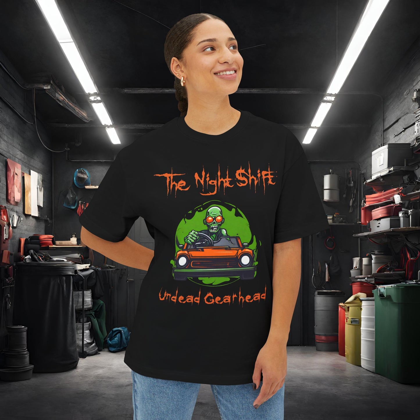 Undead Gearhead Zombie-Premium, Ultra Soft Unisex Oversized Boxy Tee Printify by The Night Shift Automotive Apparel
