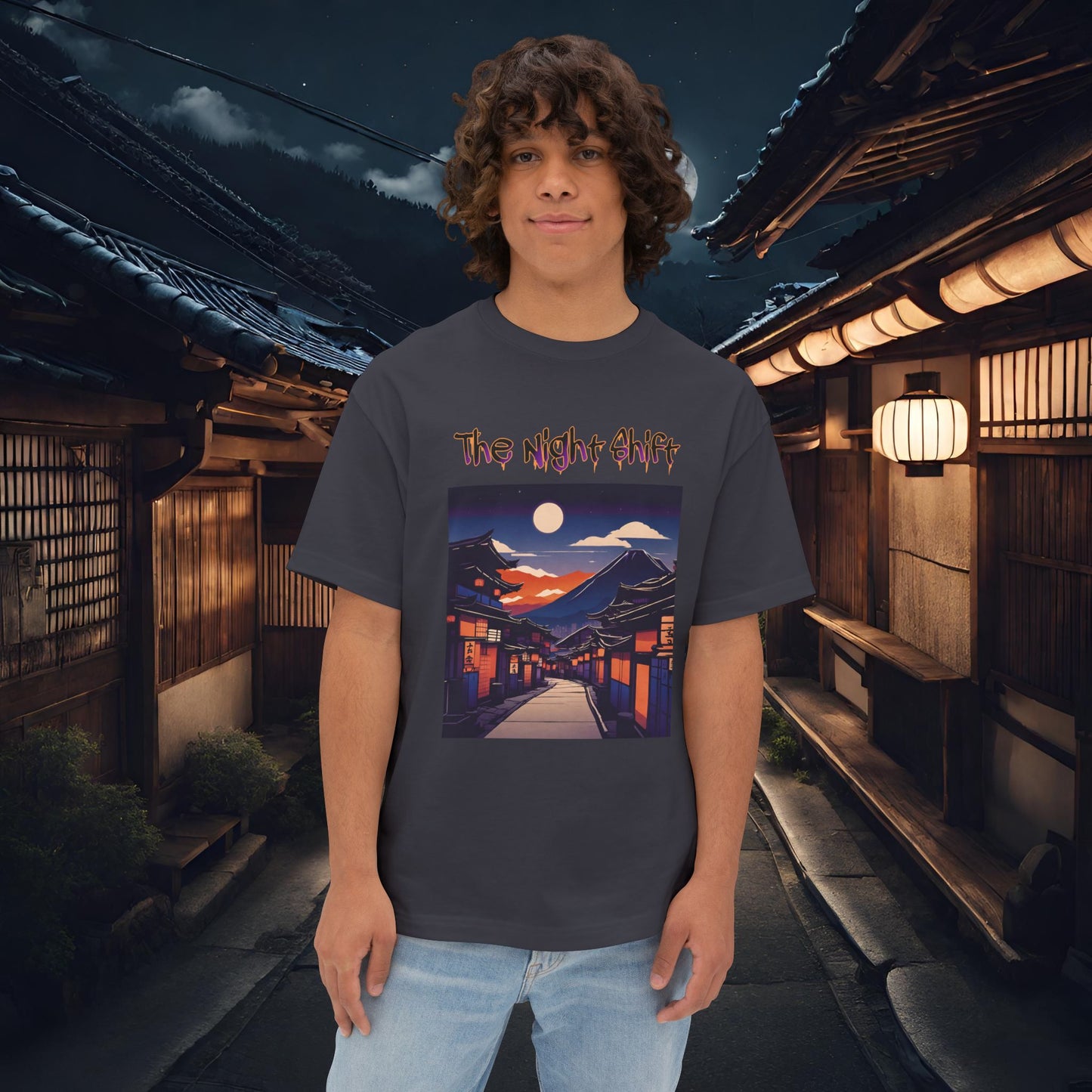 Volcanic Japanese Traditional Village-Premium, Ultra Soft Unisex Oversized Boxy Tee Dark Grey Printify by The Night Shift Automotive Apparel