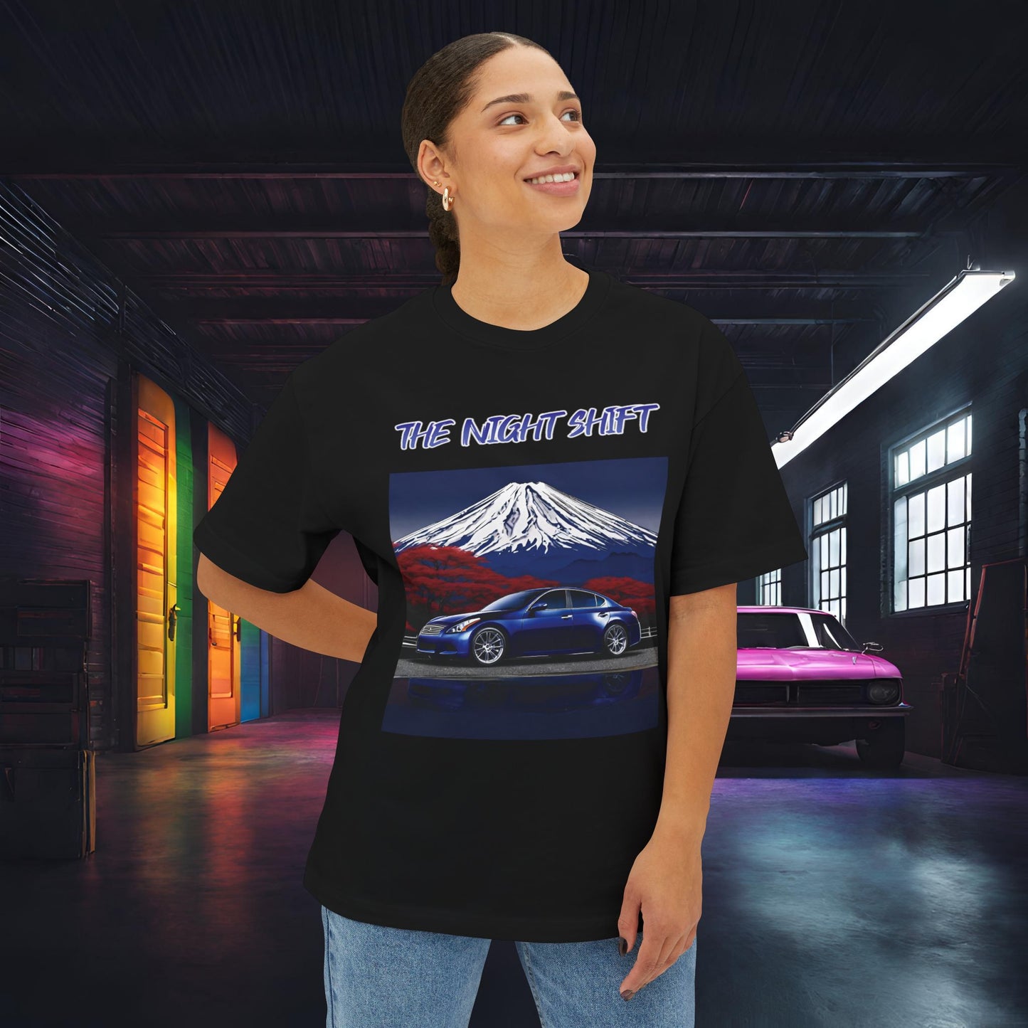 Infiniti G37 Sedan Mt Fuji-Premium, Ultra Soft Unisex Oversized Boxy Tee Printify by The Night Shift Automotive Apparel