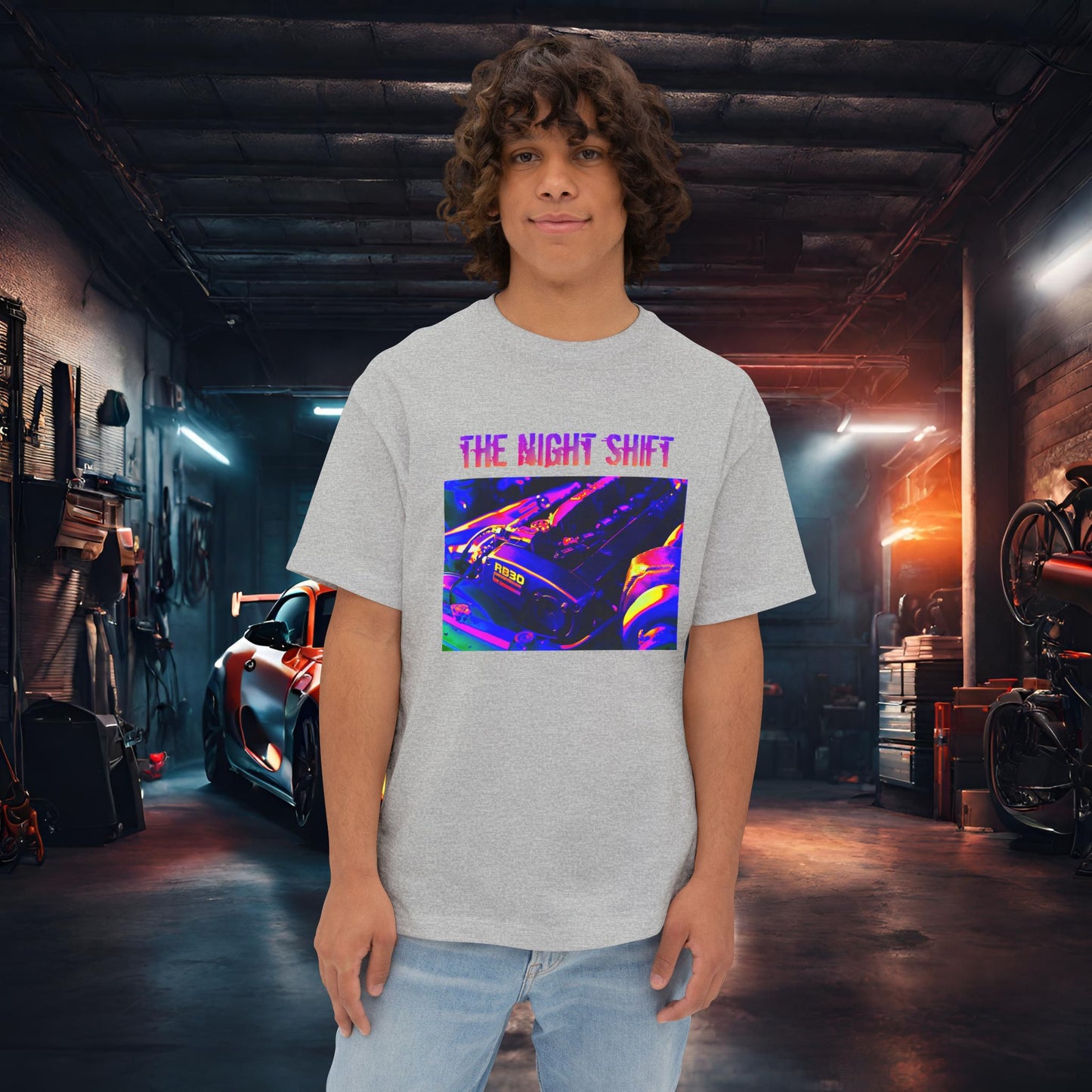 RB30 Synthwave-Premium, Ultra Soft Unisex Oversized Boxy Tee Athletic Heather Printify by The Night Shift Automotive Apparel