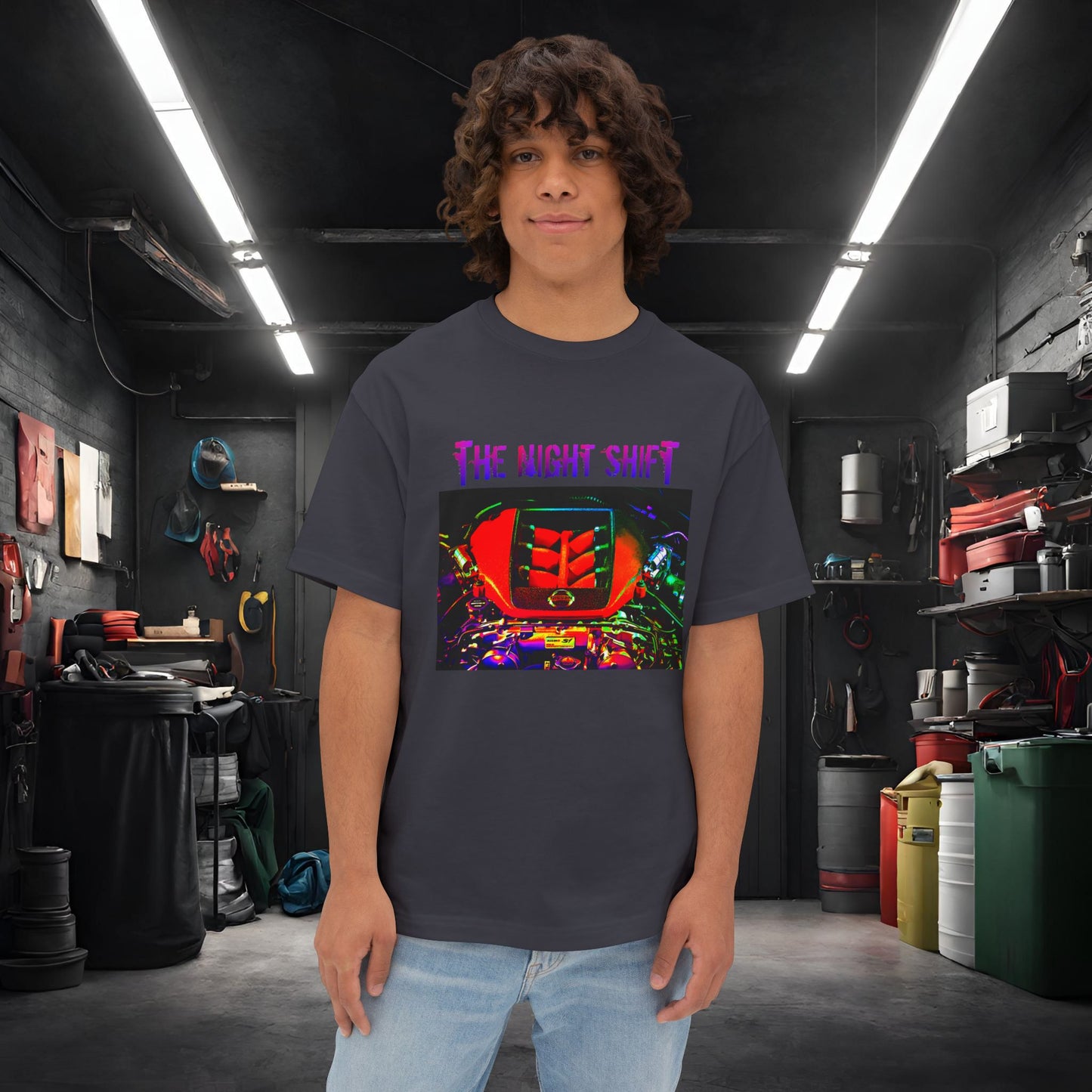 VR38DETT Synthwave-Premium, Ultra SoftUnisex Oversized Boxy Tee Dark Grey Printify by The Night Shift Automotive Apparel