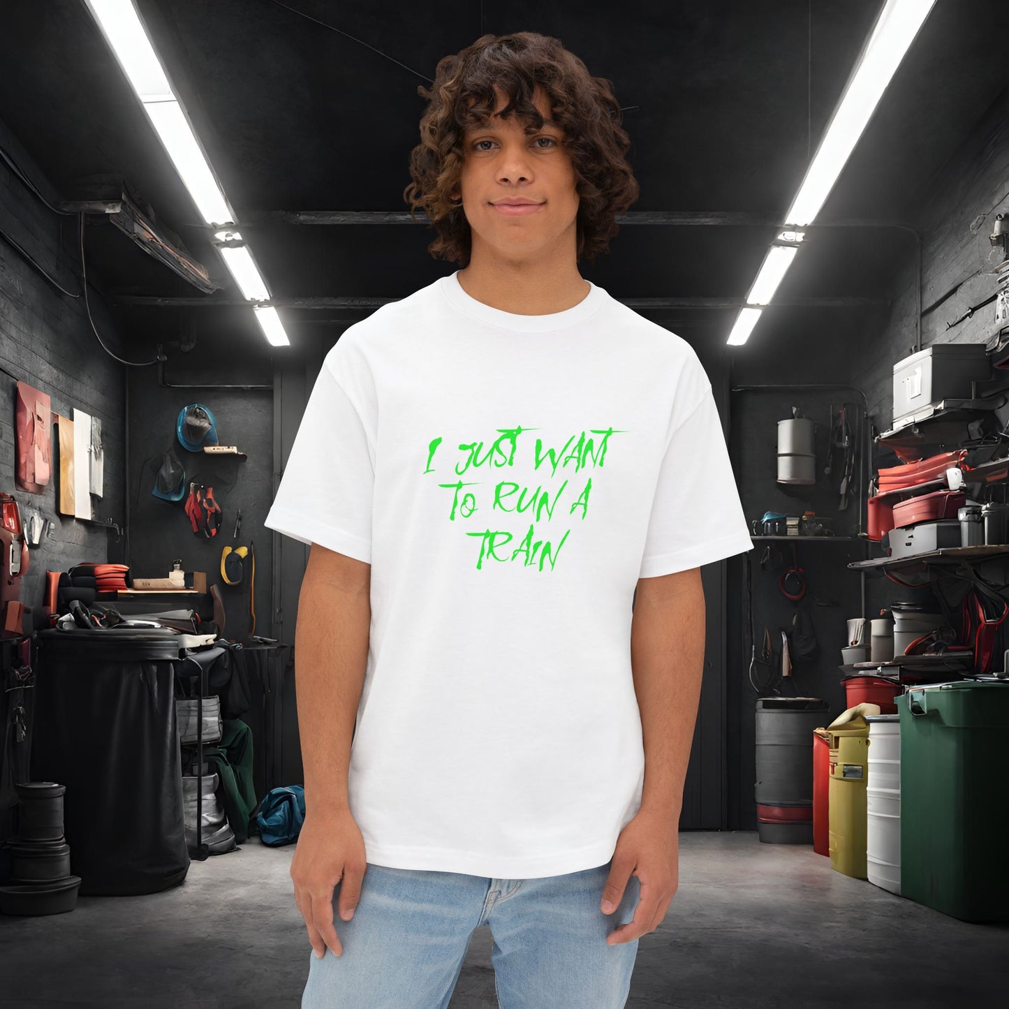 I Just Want To Run A Train-Premium, Ultra SoftUnisex Oversized Boxy Tee White Printify by The Night Shift Automotive Apparel