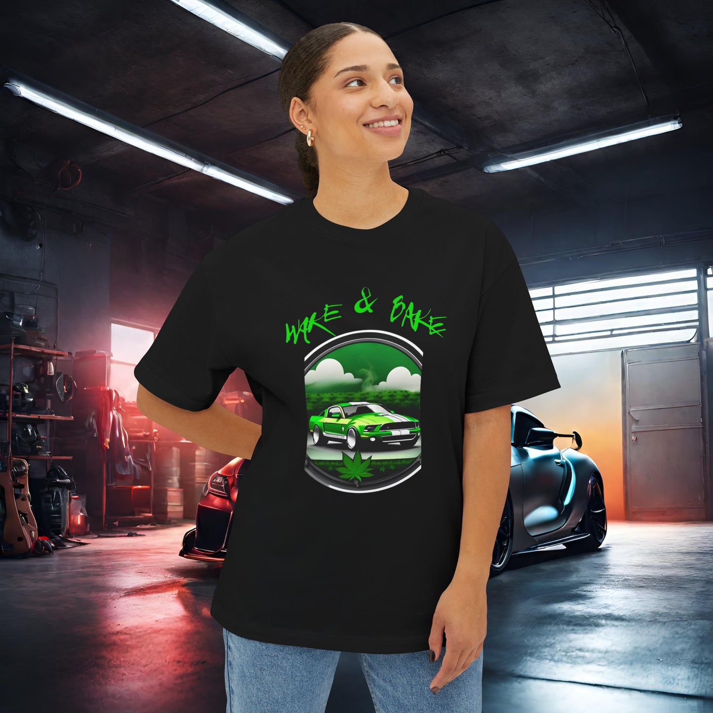 Wake And Bake-Premium, Ultra Soft Unisex Oversized Boxy Tee Printify by The Night Shift Automotive Apparel
