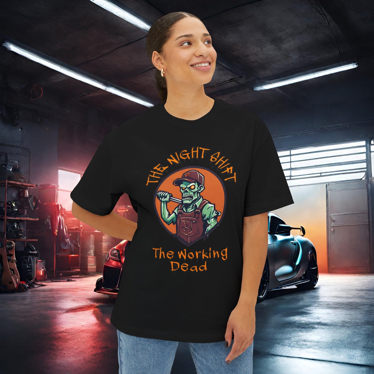 The Night Shift Zombie Mechanic-Premium, Ultra Soft Unisex Oversized Boxy Tee Printify by The Night Shift Automotive Apparel
