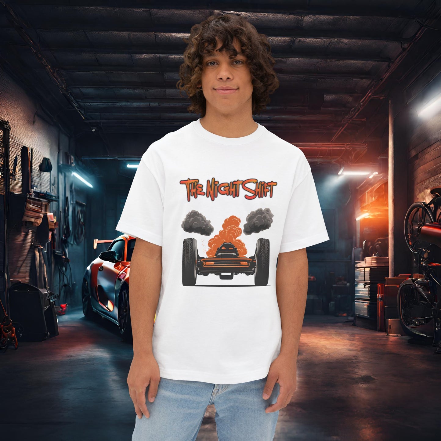 Alien UFO Big Tire Drag Racer -Premium, Ultra Soft Unisex Oversized Boxy Tee White Printify by The Night Shift Automotive Apparel