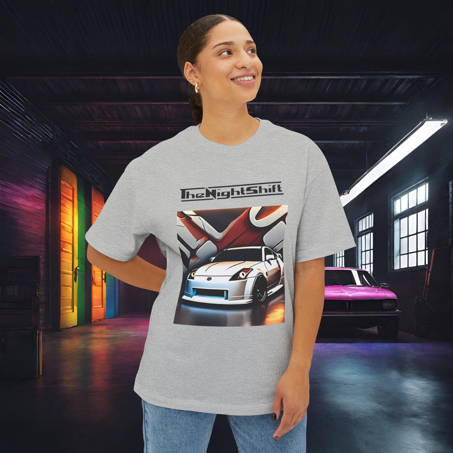 Nissan 350z Graffiti Wall-Premium, Ultra Soft, Unisex Oversized Boxy Tee Printify by The Night Shift Automotive Apparel