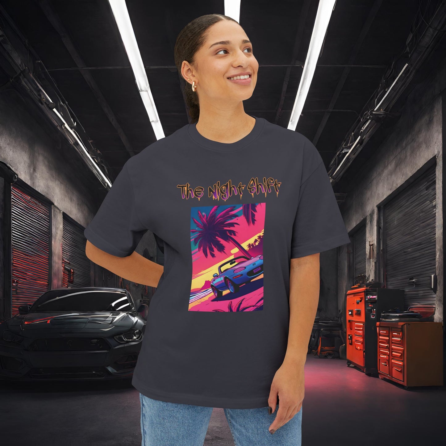 Miata Topless Beach Cruise Synthwave-Premium, Ultra Soft Unisex Oversized Boxy Tee Printify by The Night Shift Automotive Apparel