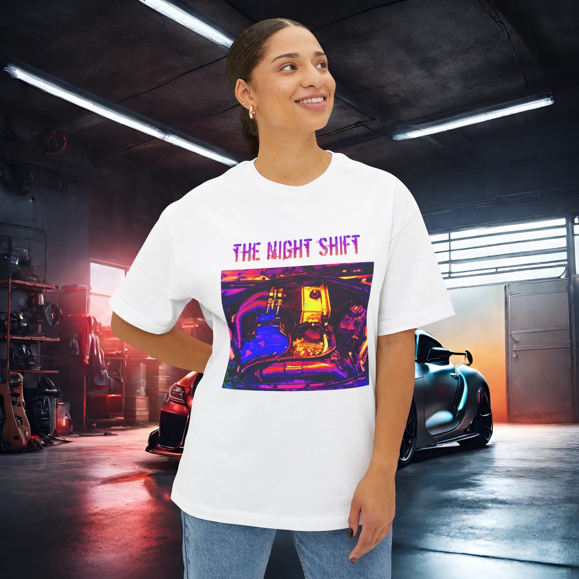 S55 Synthwave-Premium, Ultra Soft Unisex Oversized Boxy Tee Printify by The Night Shift Automotive Apparel