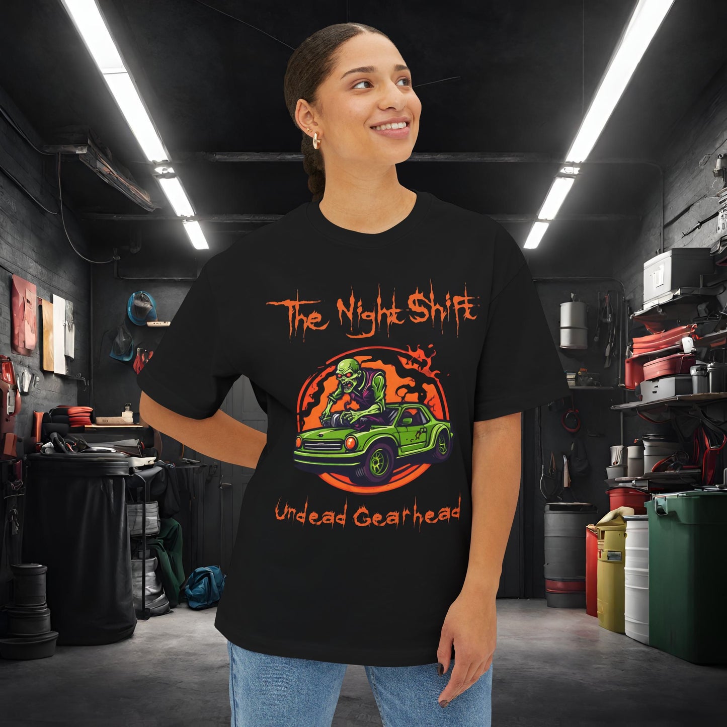 Undead Gearhead Zombie-Premium, Ultra Soft Unisex Oversized Boxy Tee Printify by The Night Shift Automotive Apparel