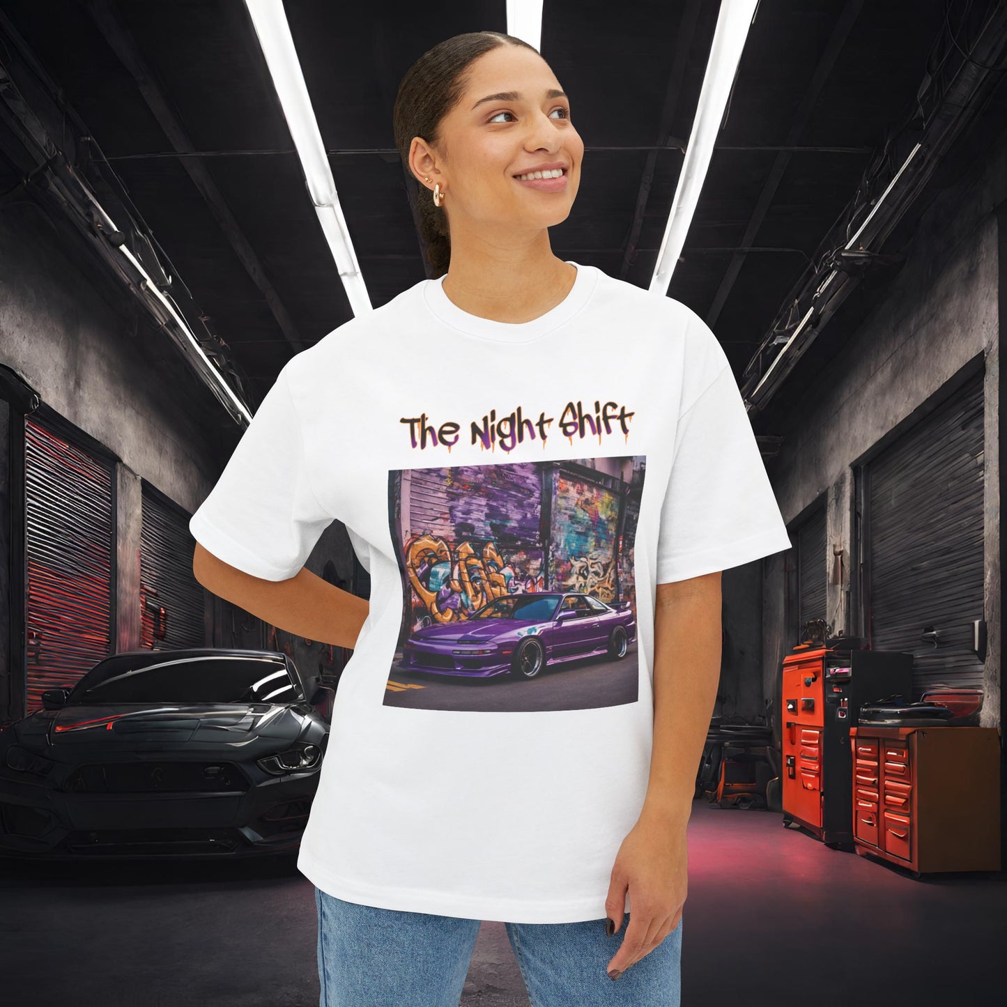 Nissan 240sx Graffiti-Premium, Ultra Soft Unisex Oversized Boxy Tee Printify by The Night Shift Automotive Apparel