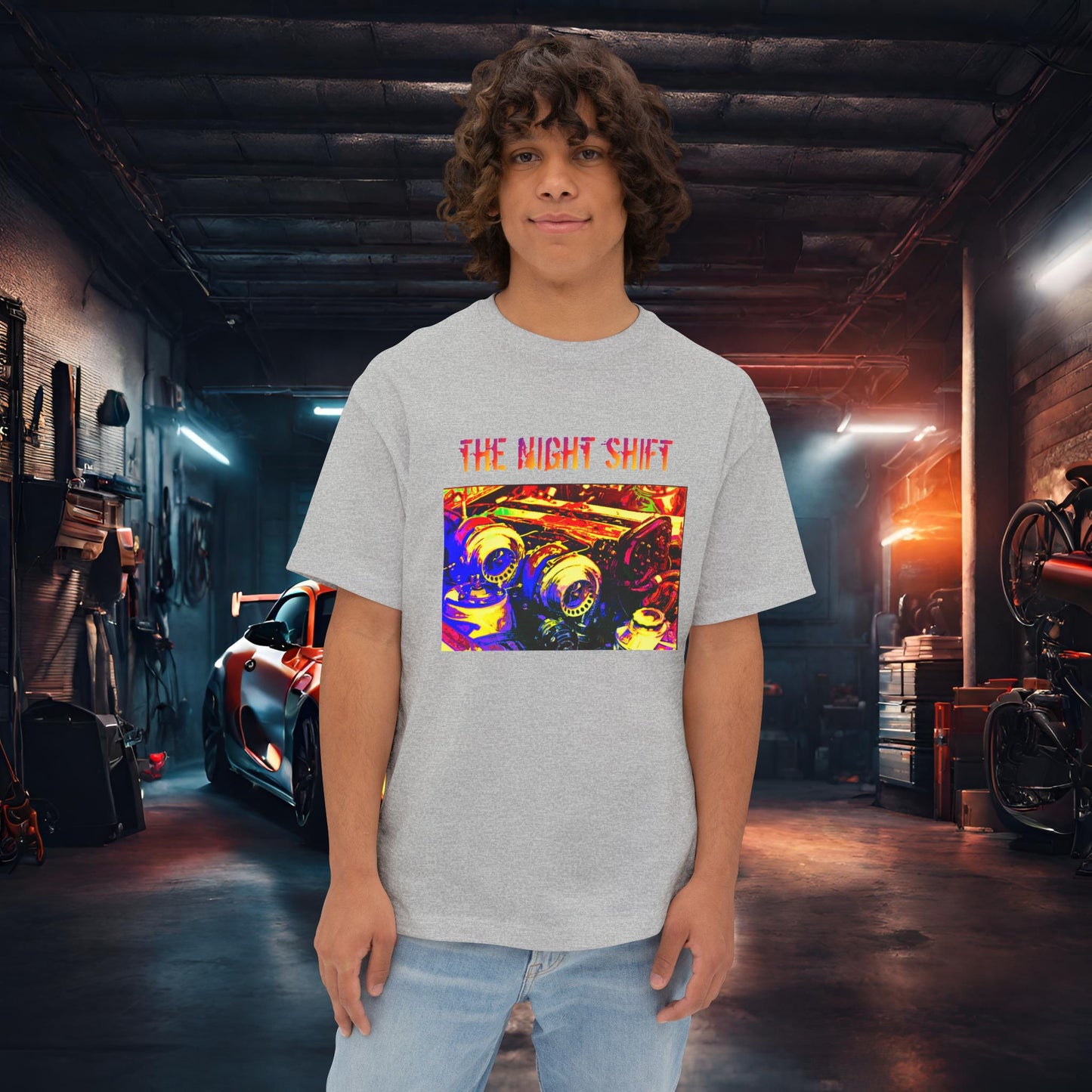 1JZ-GTE Twin Turbo Synthwave-Premium, Ultra Soft Unisex Oversized Boxy Tee Athletic Heather Printify by The Night Shift Automotive Apparel