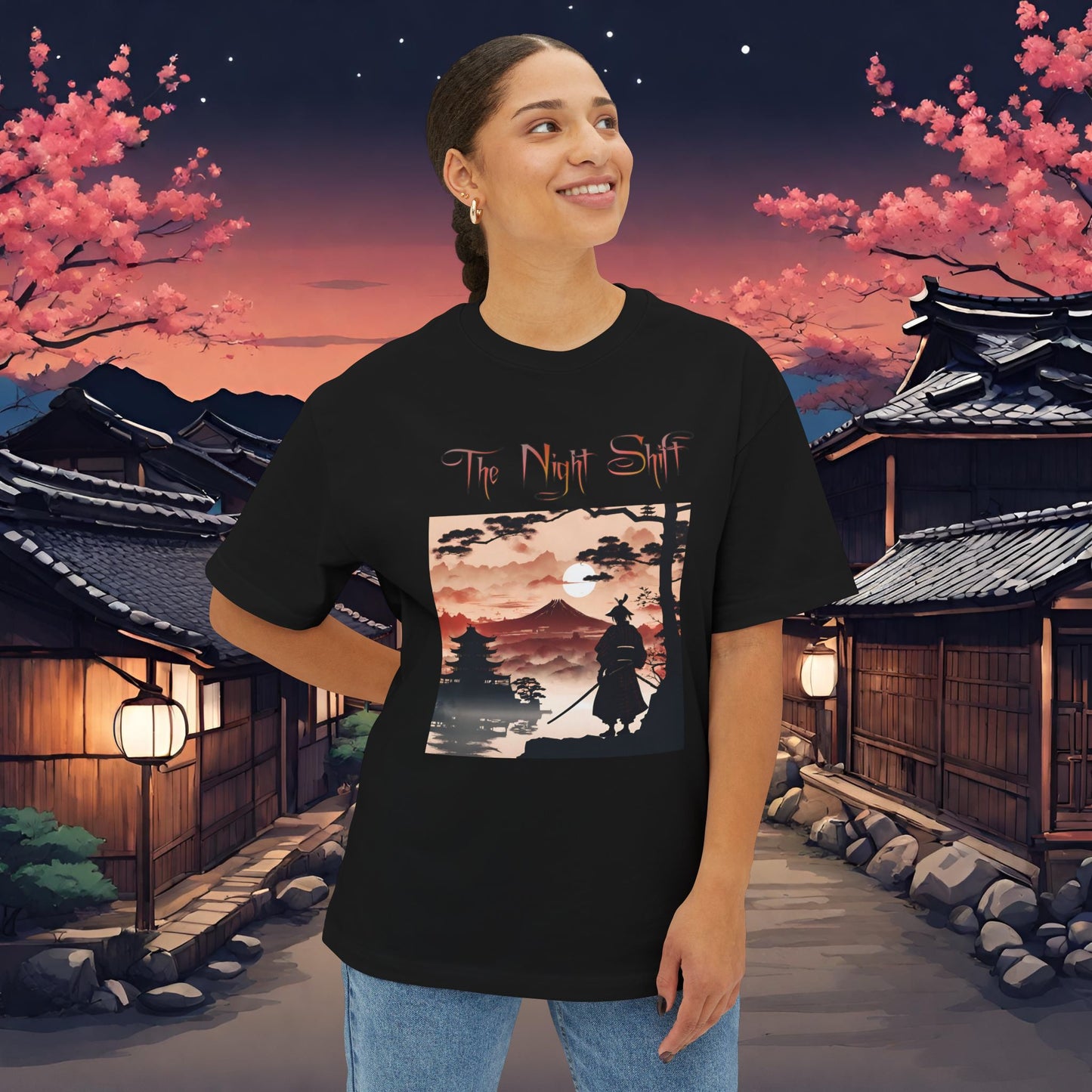 Samurai Volcano Silhouette-Premium, Ultra Soft Unisex Oversized Boxy Tee Printify by The Night Shift Automotive Apparel