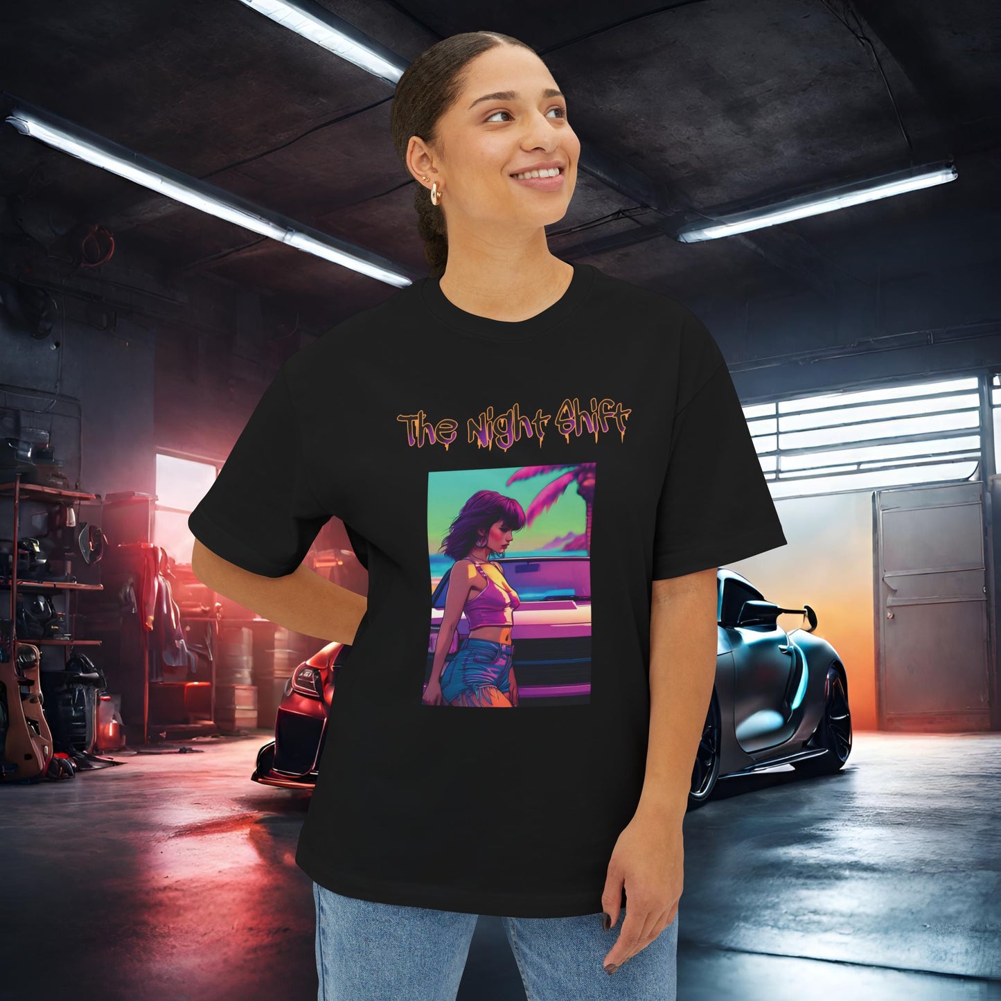 Summer Days Synthwave-Premium, Ultra Soft Unisex Oversized Boxy Tee Printify by The Night Shift Automotive Apparel