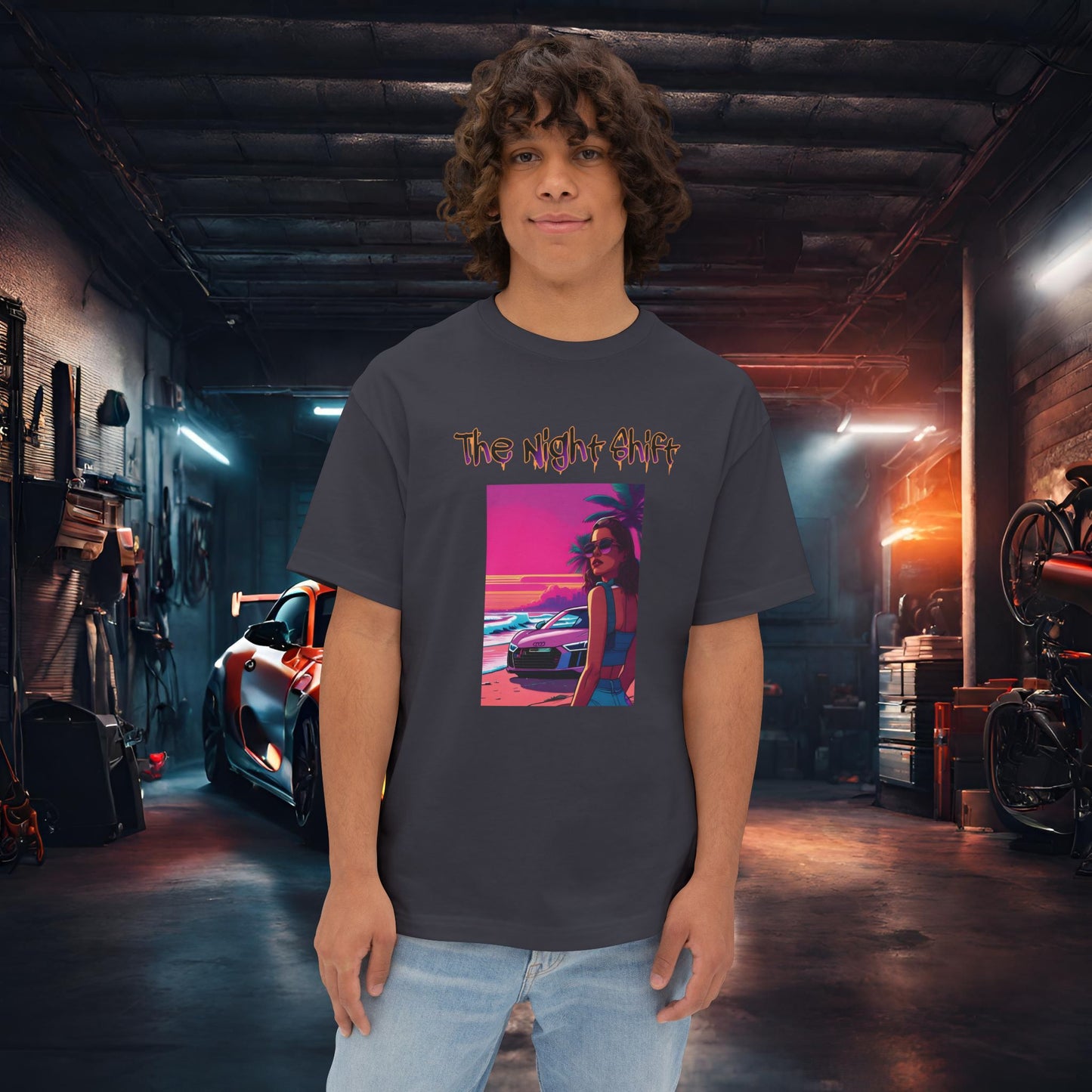 Audi R8 Beach Cruise Synthwave-Premium, Ultra Soft Unisex Oversized Boxy Tee Dark Grey Printify by The Night Shift Automotive Apparel
