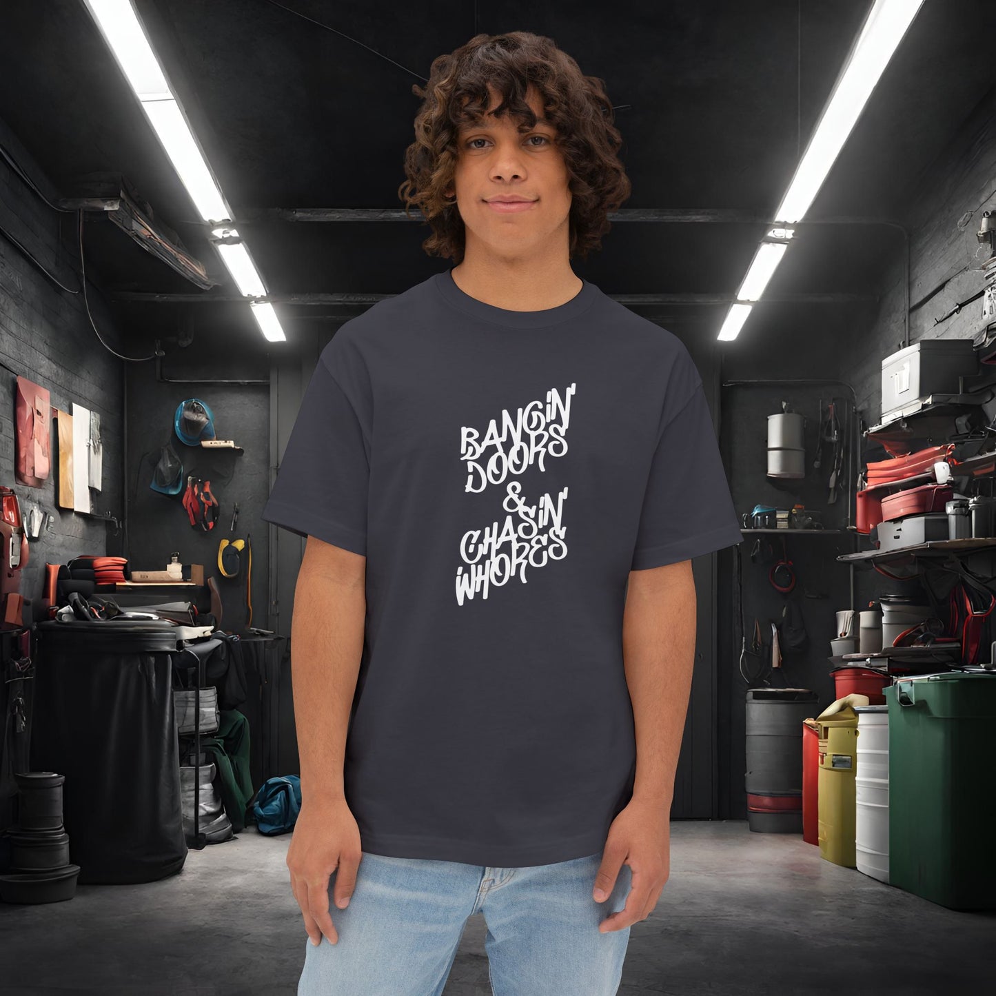 Bangin' Doors & Chasin' Whores-Premium, Ultra Soft Unisex Oversized Boxy Tee Dark Grey Printify by The Night Shift Automotive Apparel