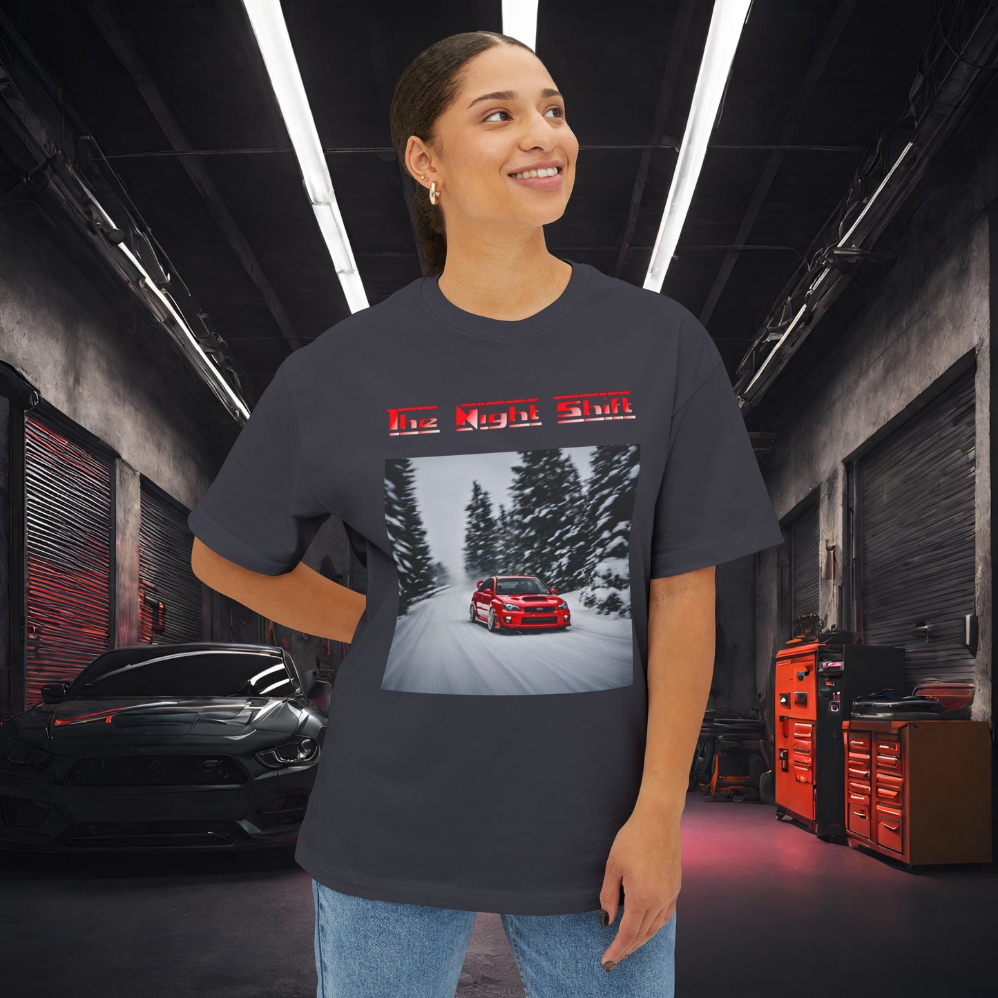 Subaru Impreza WRX/STI Snow Drifting-Premium, Ultra Soft Unisex Oversized Boxy Tee Printify by The Night Shift Automotive Apparel