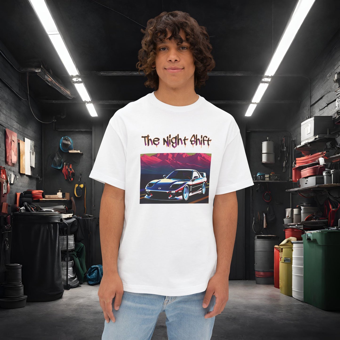 Mazda RX7 Cruising-Premium, Ultra Soft Unisex Oversized Boxy Tee White Printify by The Night Shift Automotive Apparel