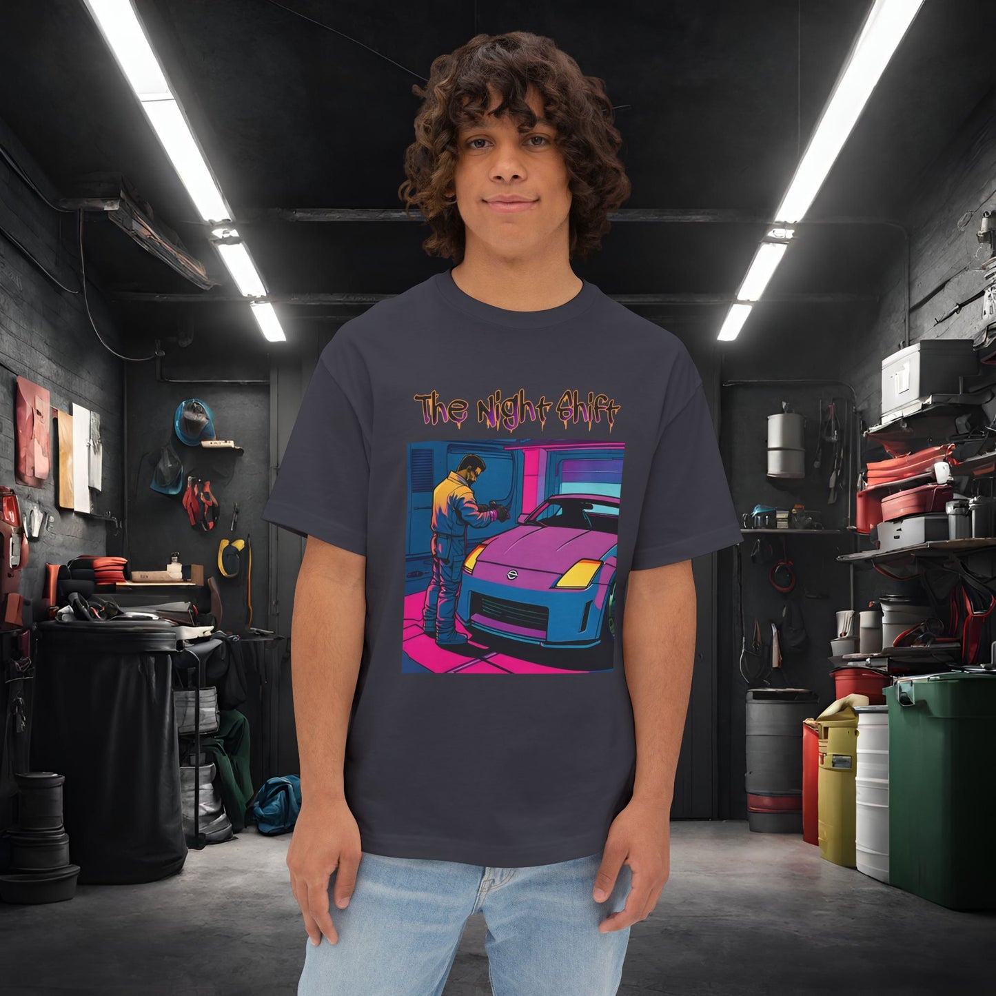 Nissan 350z Garage Queen Synthwave-Premium, Ultra Soft Unisex Oversized Boxy Tee Dark Grey Printify by The Night Shift Automotive Apparel