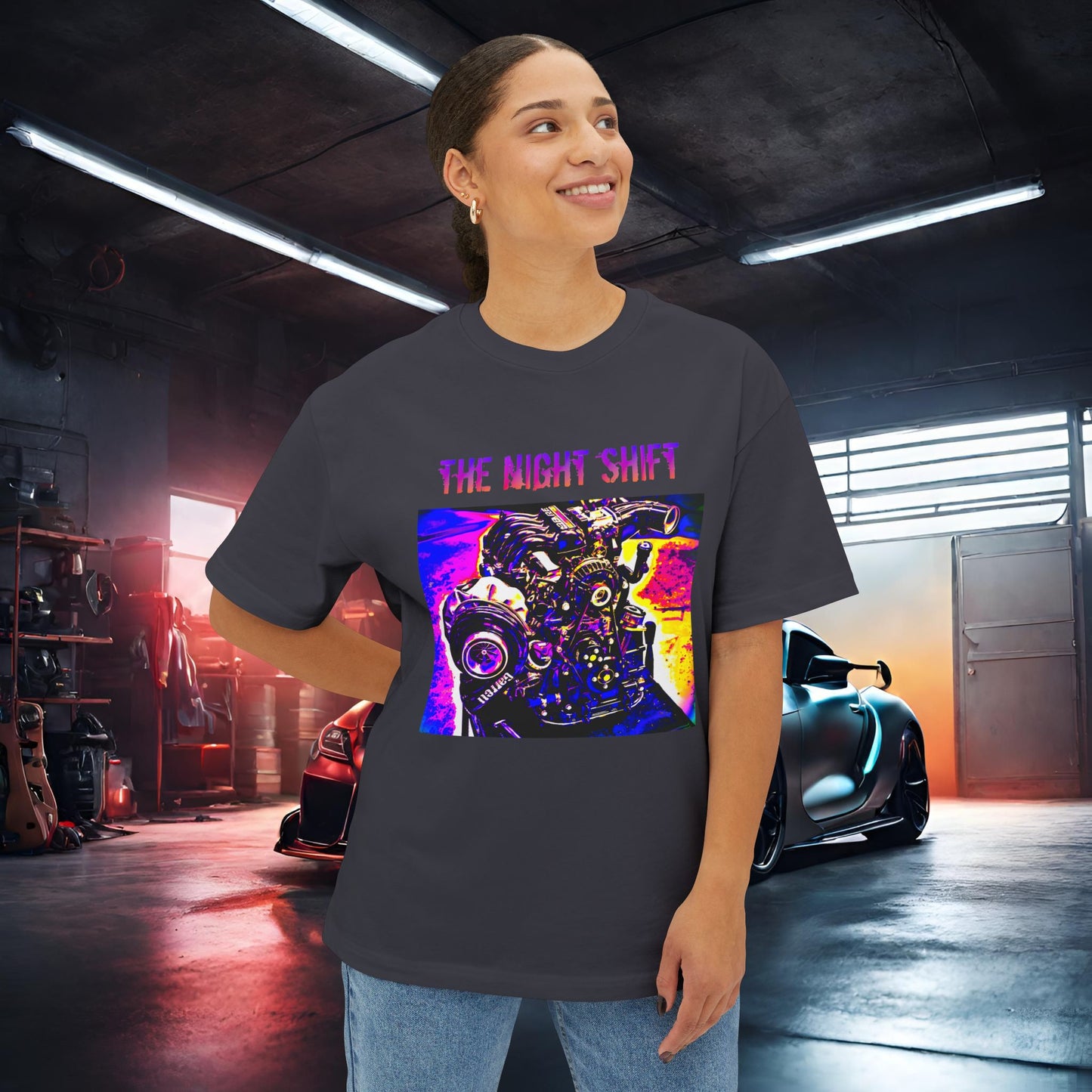 13B-REW Synthwave-Premium, Ultra Soft Unisex Oversized Boxy Tee Printify by The Night Shift Automotive Apparel