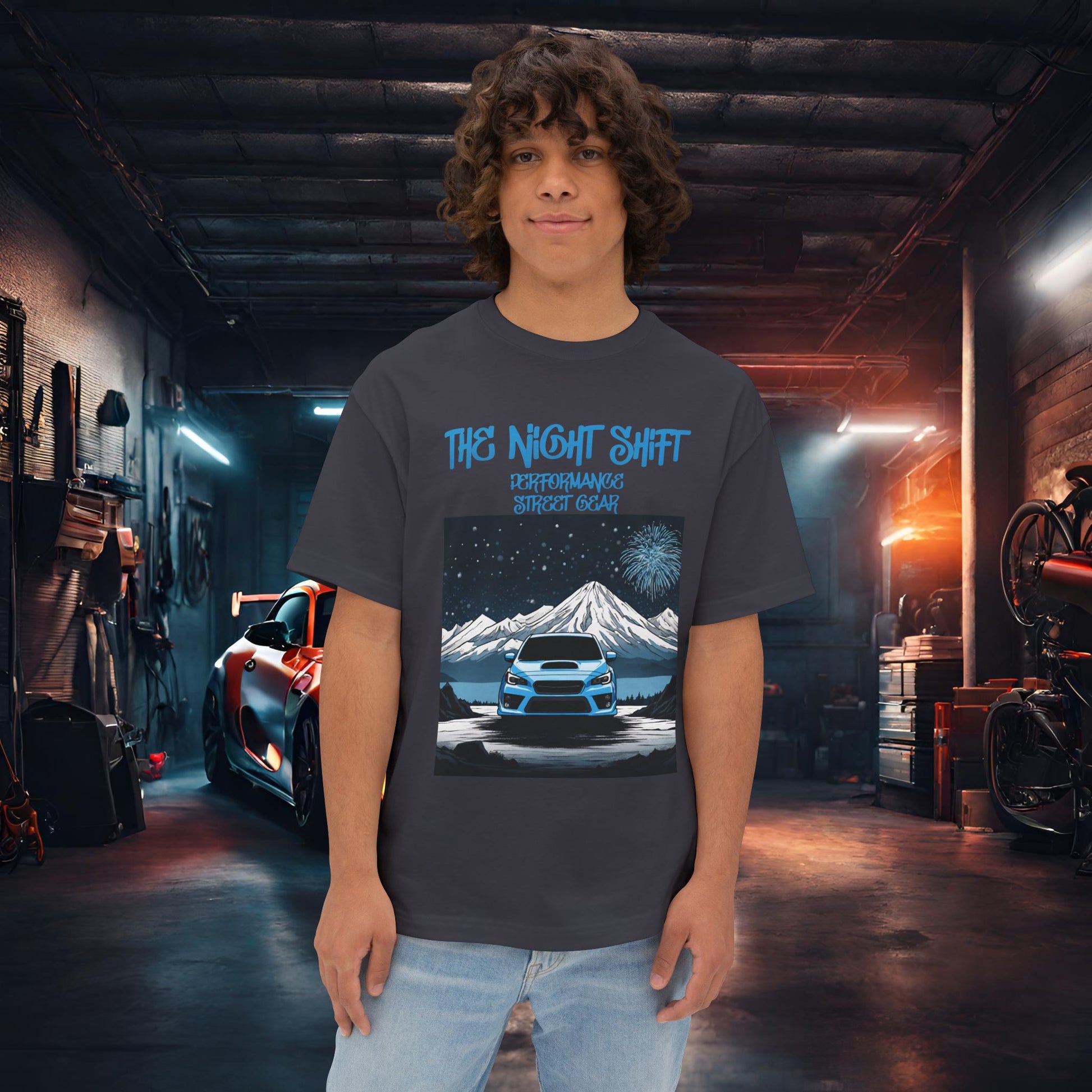 Subaru WRX Fireworks In The Mountains-Premium, Ultra Soft Unisex Oversized Boxy Tee Dark Grey Printify by The Night Shift Automotive Apparel
