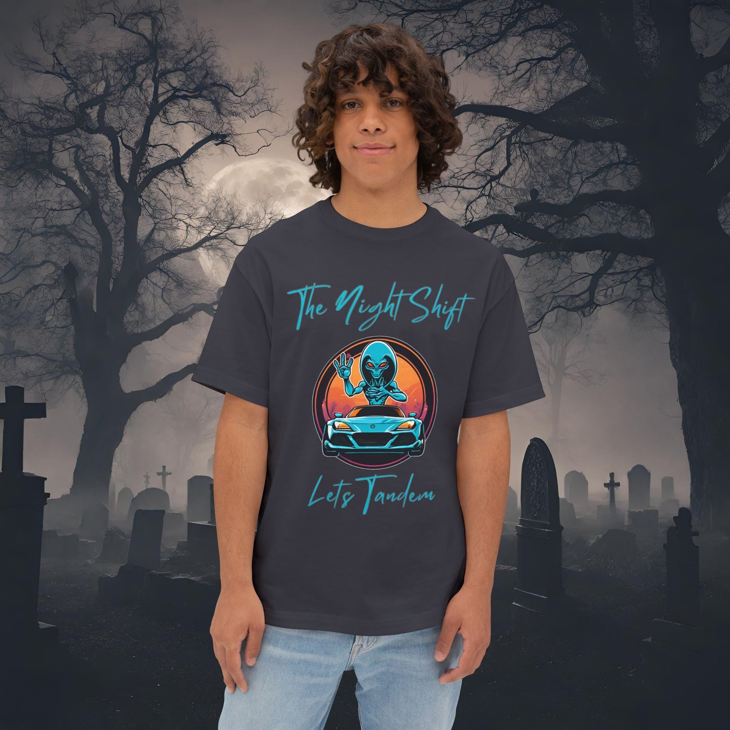 Lets Tandem Alien-Premium, Ultra Soft Unisex Oversized Boxy Tee Dark Grey Printify by The Night Shift Automotive Apparel