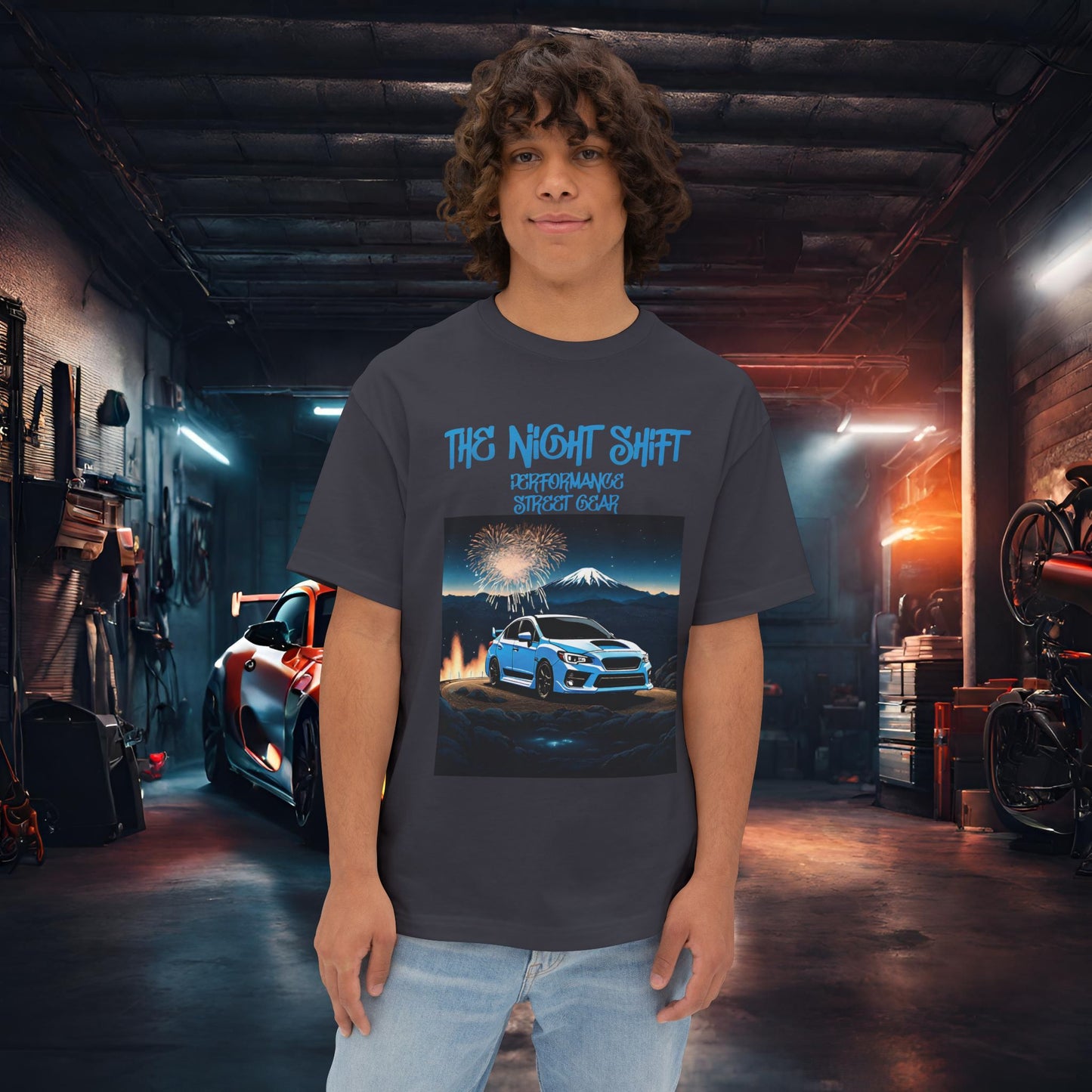 Subaru WRX/STI Fireworks In The Mountains - Premium, Ultra Soft Unisex Oversized Boxy Tee Dark Grey Printify by The Night Shift Automotive Apparel