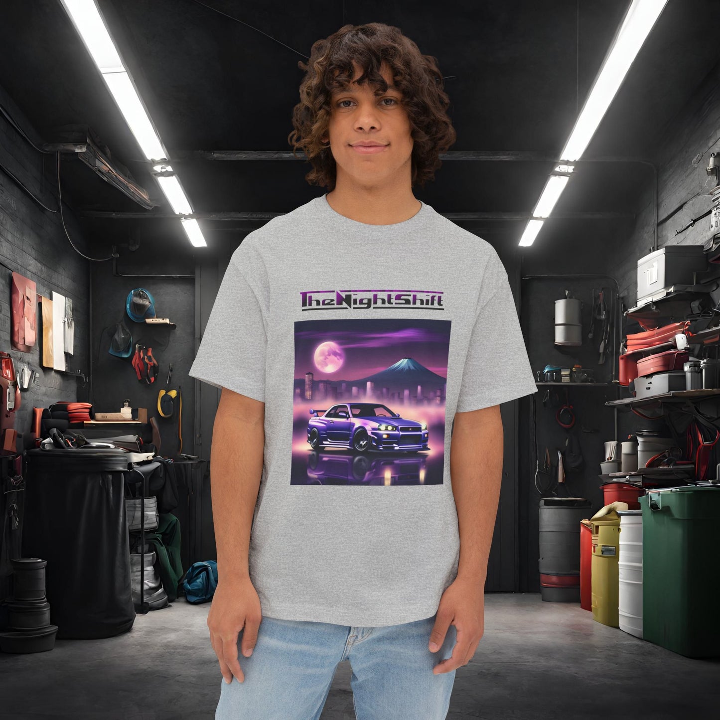 Nissan Skyline R34 Mt Fuji-Premium, Ultra Soft, Unisex Oversized Boxy Tee Athletic Heather Printify by The Night Shift Automotive Apparel