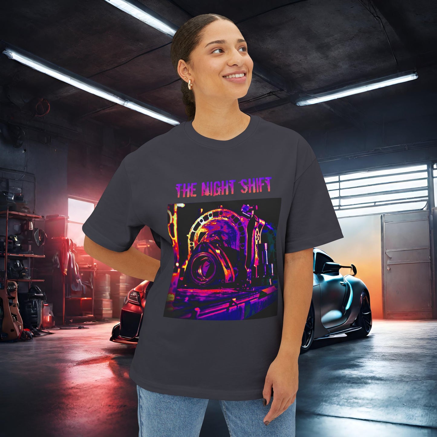 13B-REW Synthwave-Premium, Ultra Soft Unisex Oversized Boxy Tee Printify by The Night Shift Automotive Apparel