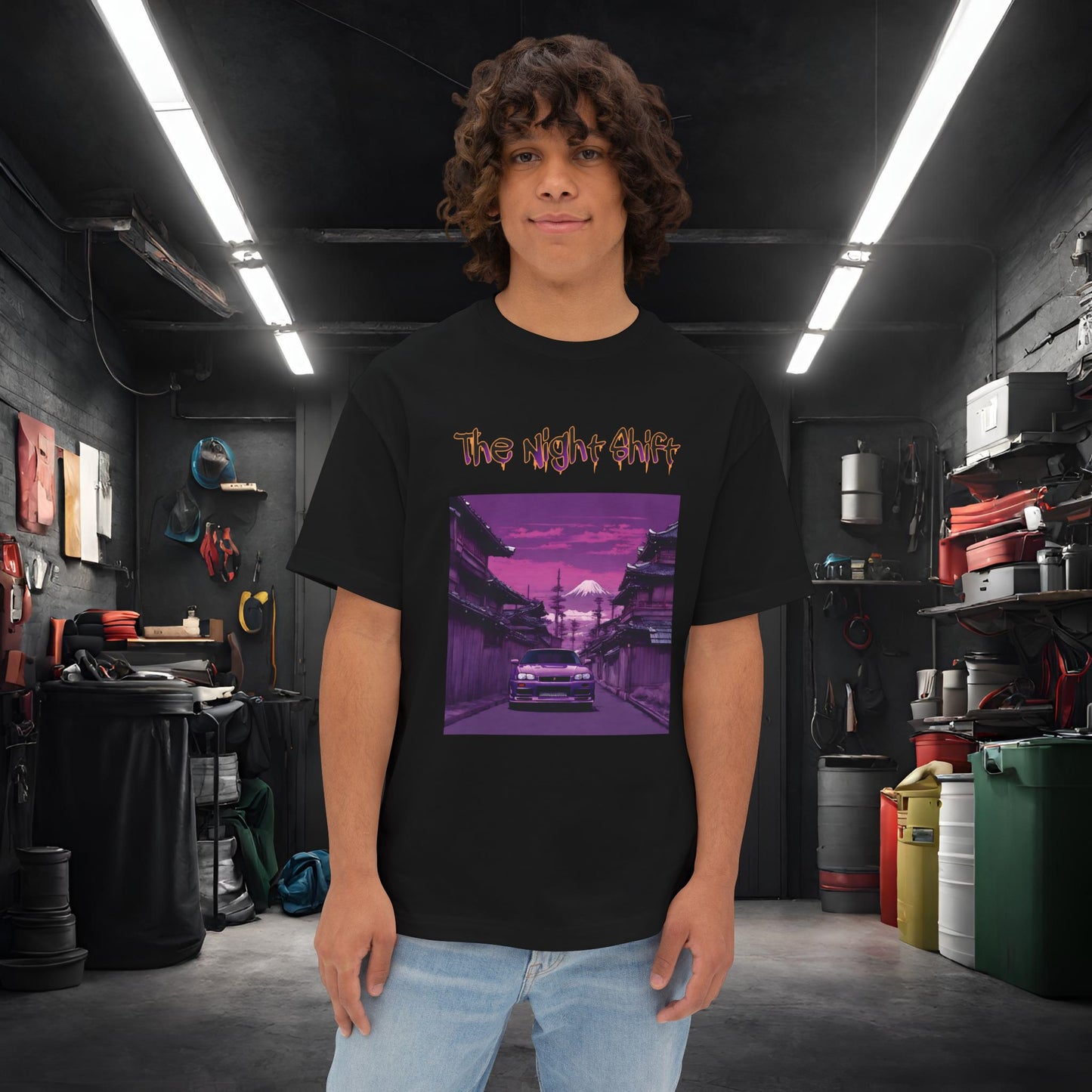 Nissan Skyline R34 Japanese Traditional Village-Premium, Ultra Soft Unisex Oversized Boxy Tee Black Printify by The Night Shift Automotive Apparel