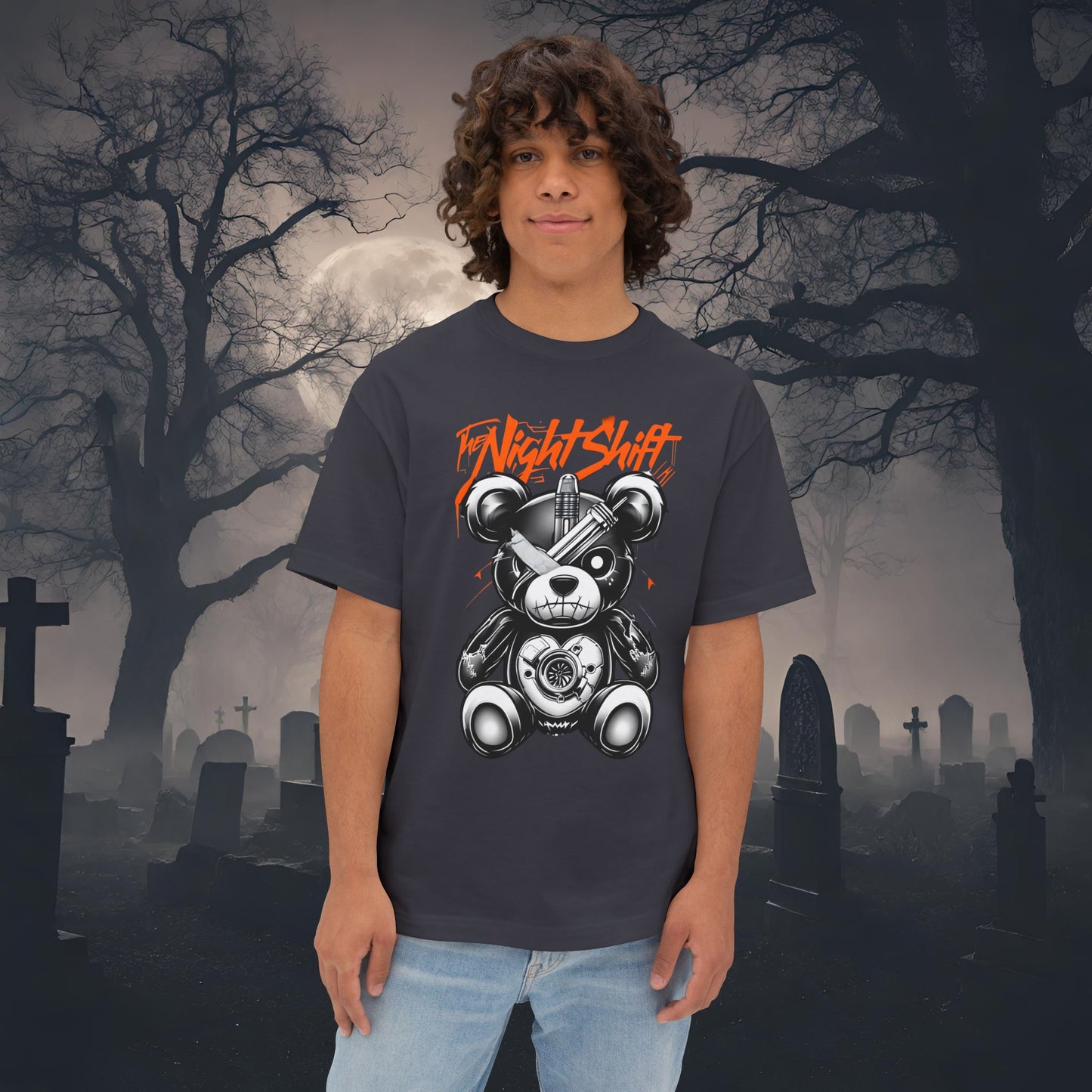 The Night Shift Tattered Teddy-Premium, Ultra Soft Unisex Oversized Boxy Tee Dark Grey Printify by The Night Shift Automotive Apparel