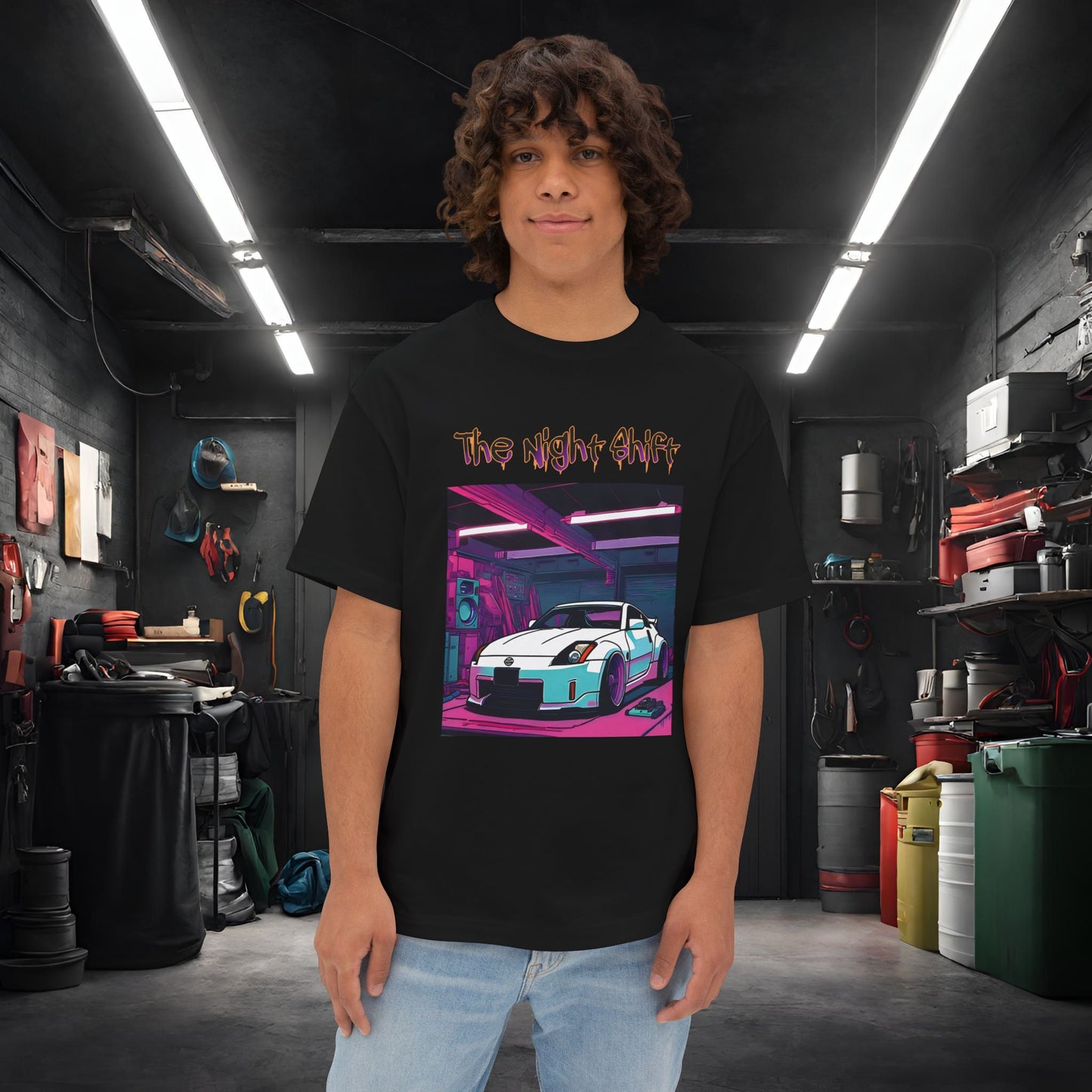 Nissan 350z Synthwave-Premium, Ultra Soft Unisex Oversized Boxy Tee Black Printify by The Night Shift Automotive Apparel