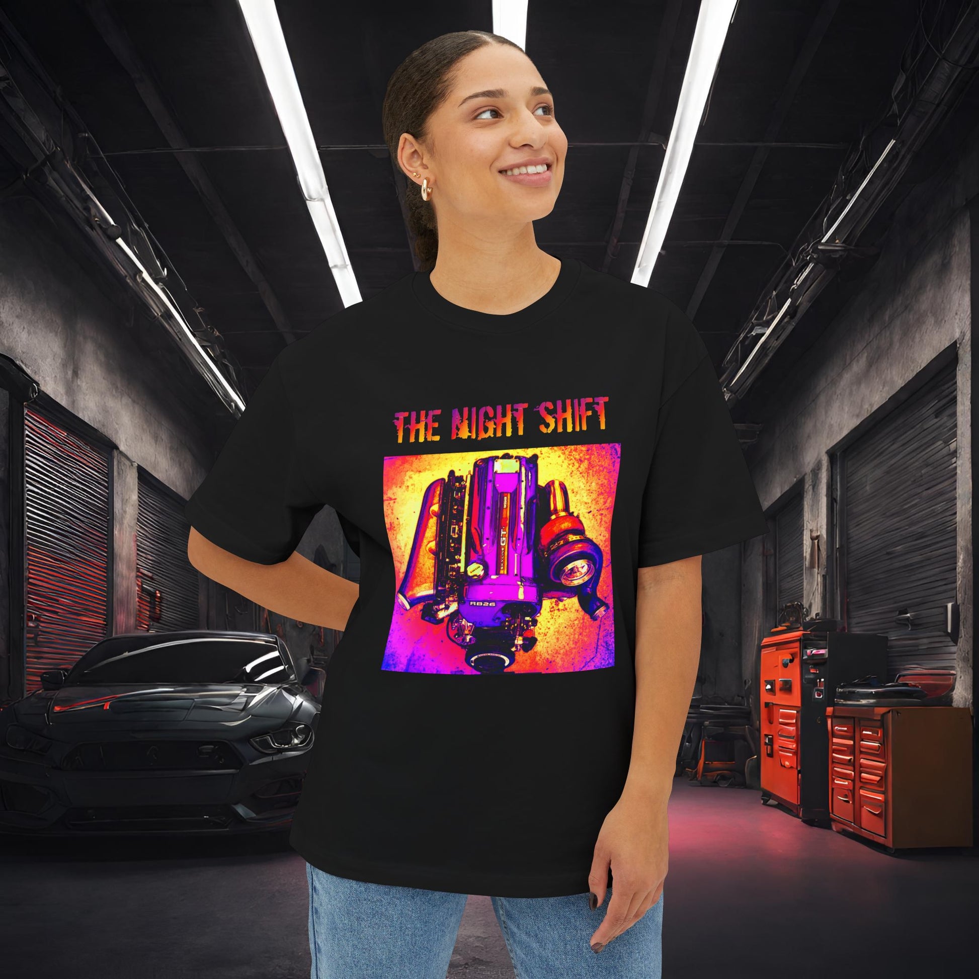 RB26DETT Synthwave-Premium, Ultra Soft Unisex Oversized Boxy Tee Printify by The Night Shift Automotive Apparel