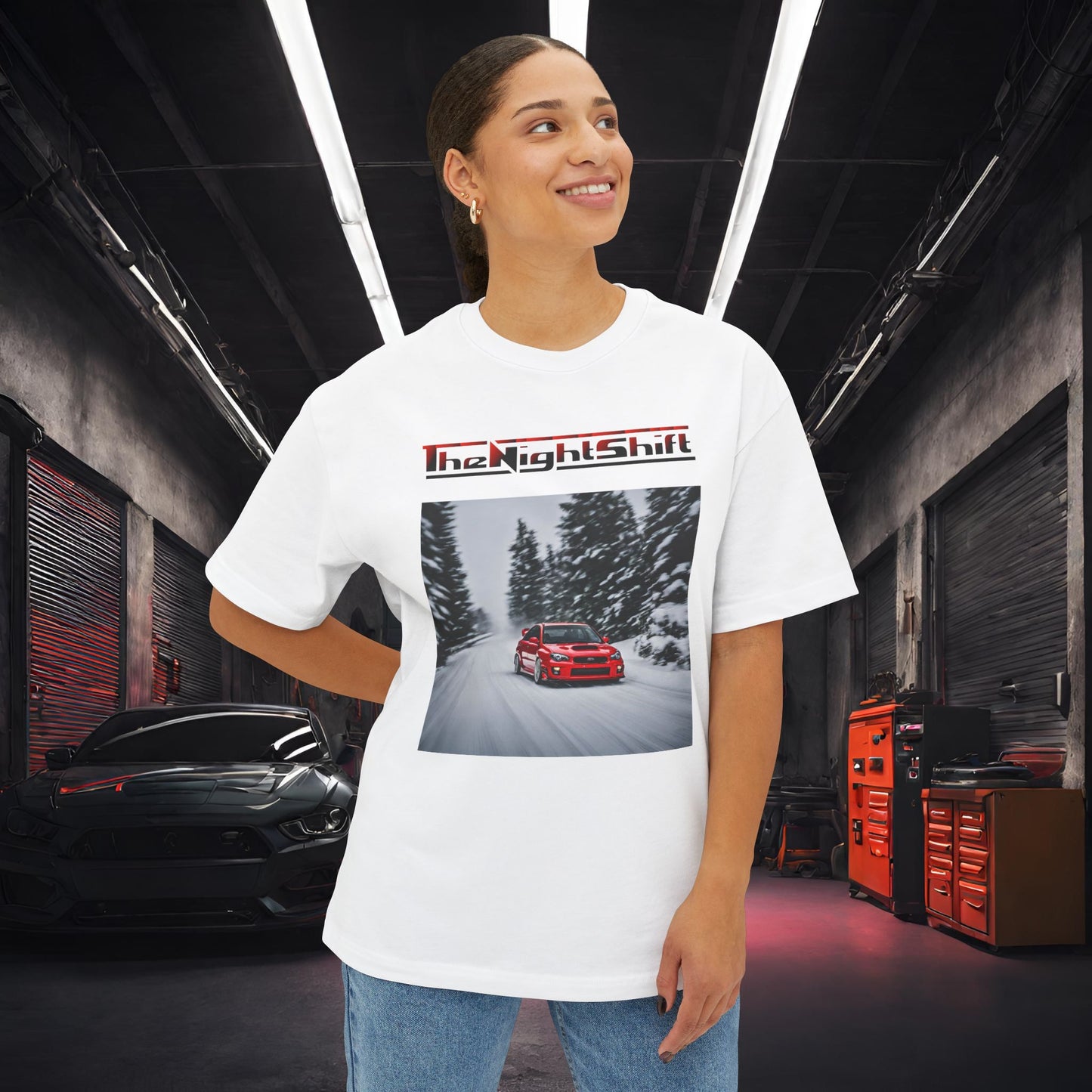 Subaru Impreza WRX/STI Snow Drifting-Premium, Ultra Soft Unisex Oversized Boxy Tee Printify by The Night Shift Automotive Apparel