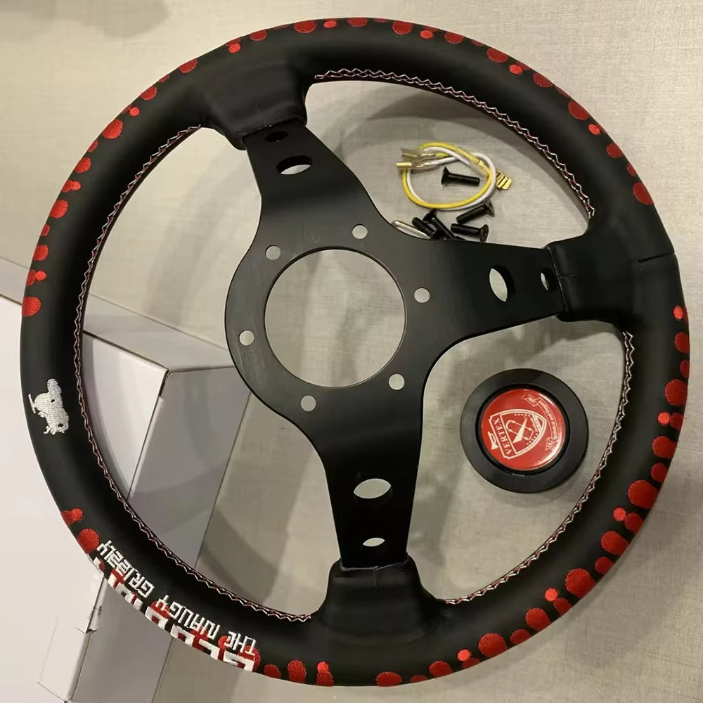 VERTEX Bloody 330mm Genuine Leather Embroidered Deep Dish Steering Wheel The Night Shift Performance Street Gear by The Night Shift Automotive Apparel