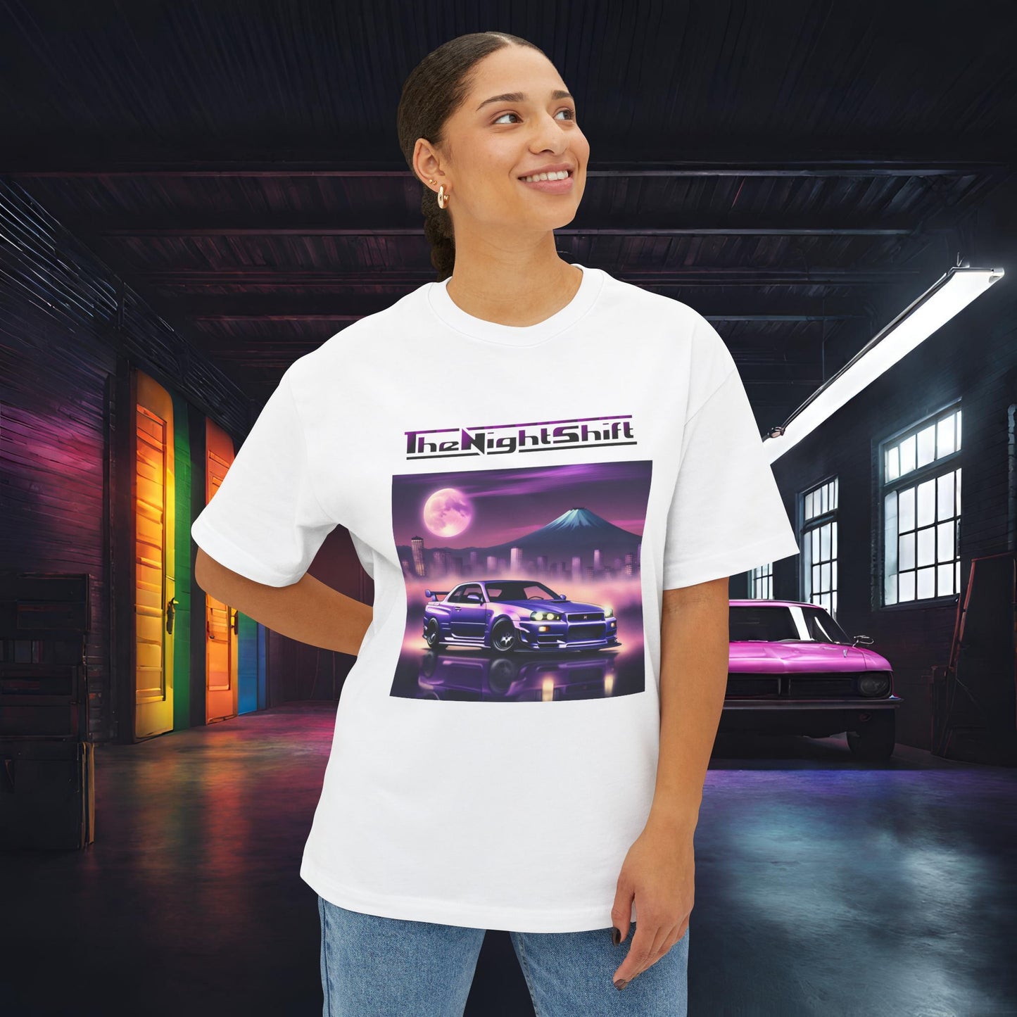 Nissan Skyline R34 Mt Fuji-Premium, Ultra Soft, Unisex Oversized Boxy Tee Printify by The Night Shift Automotive Apparel