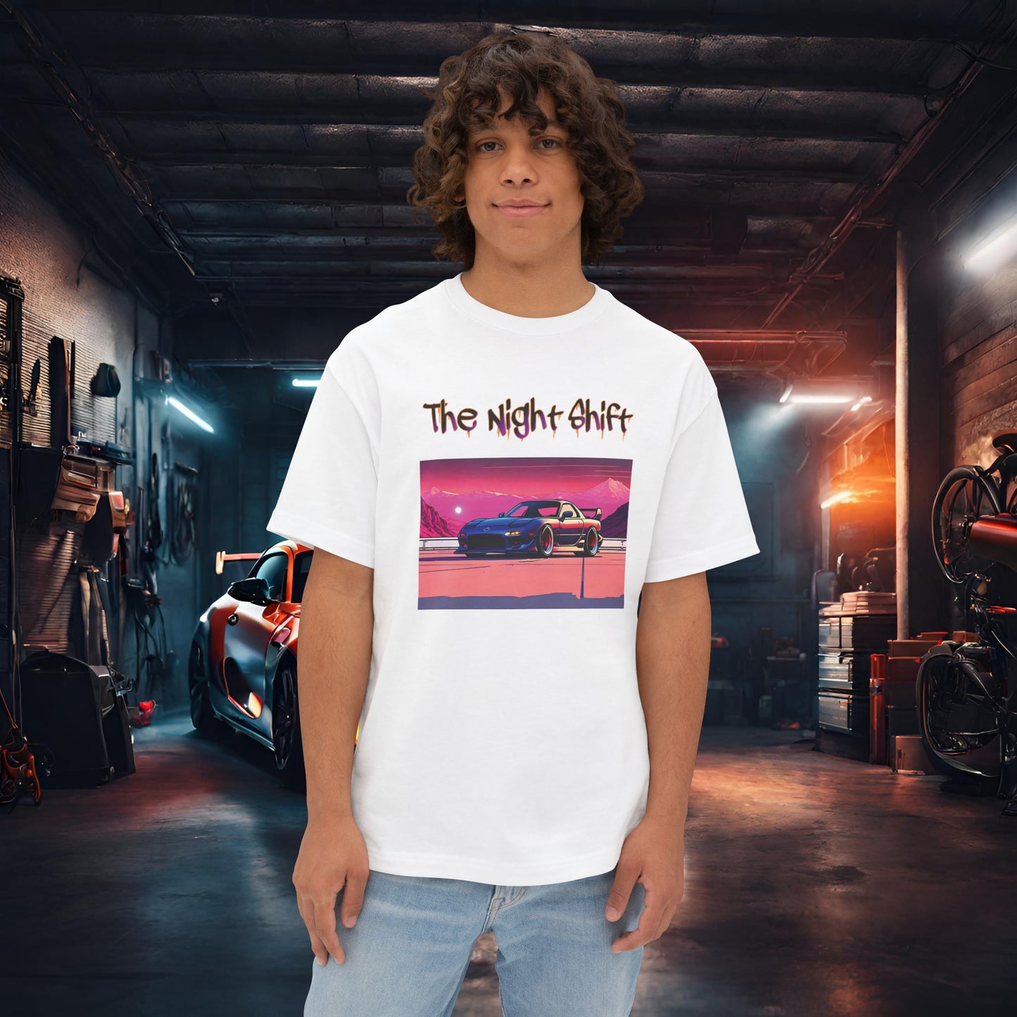 Mazda RX7 Synthwave-Premium, Ultra Soft Unisex Oversized Boxy Tee White Printify by The Night Shift Automotive Apparel