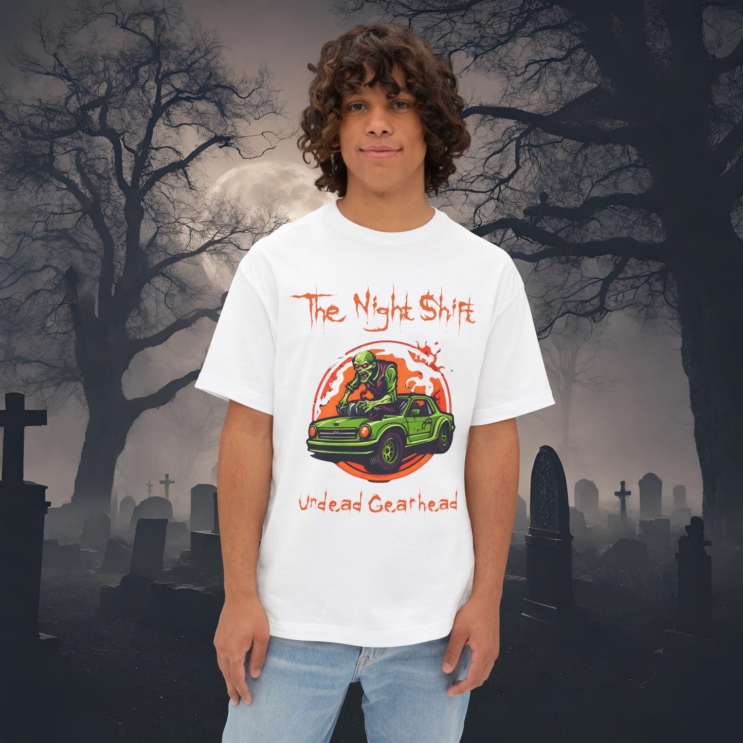 Undead Gearhead Zombie-Premium, Ultra Soft Unisex Oversized Boxy Tee White Printify by The Night Shift Automotive Apparel
