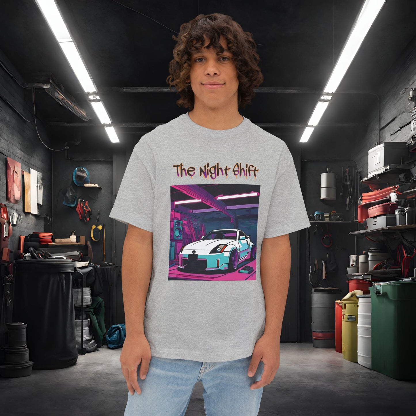 Nissan 350z Synthwave-Premium, Ultra Soft Unisex Oversized Boxy Tee Athletic Heather Printify by The Night Shift Automotive Apparel