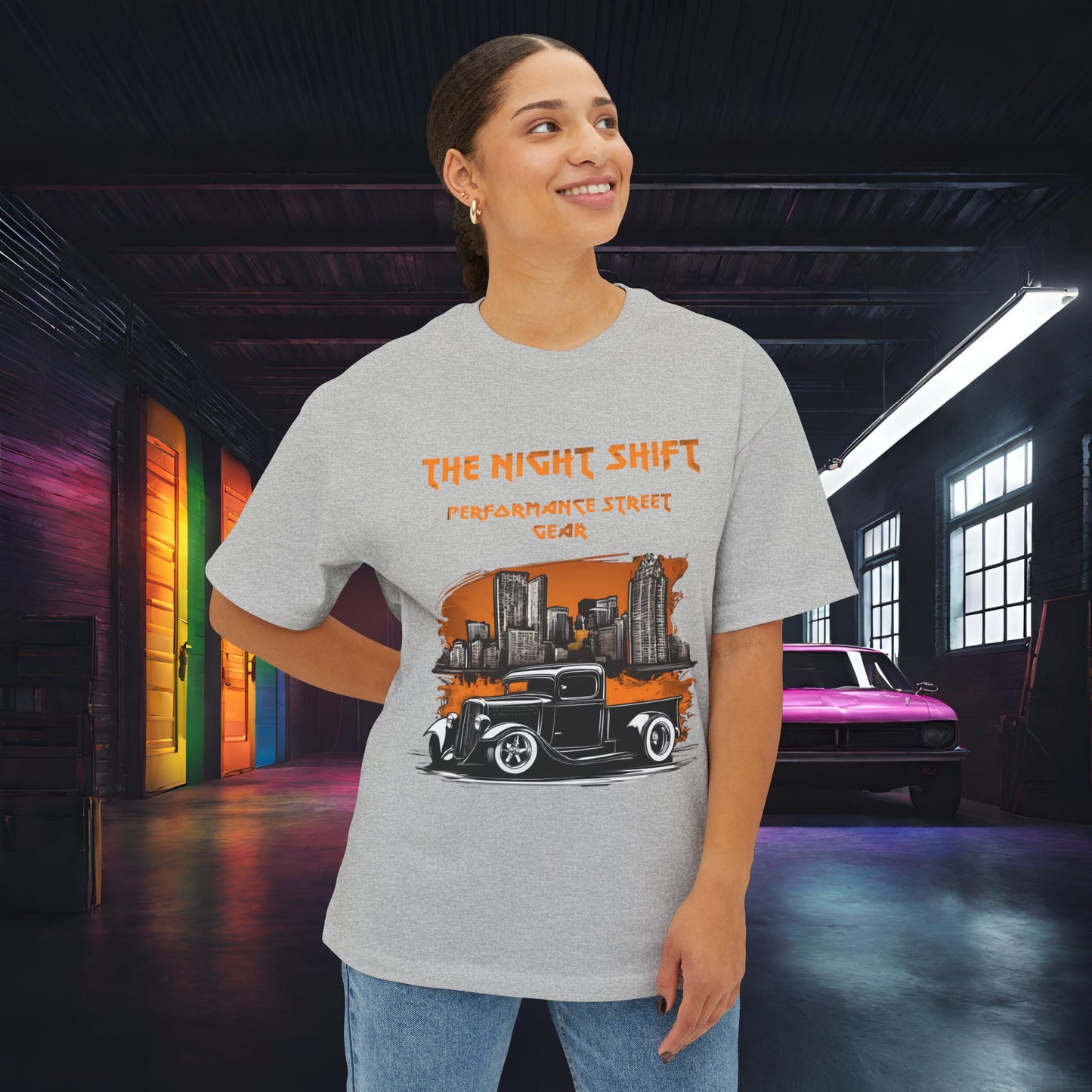 1930's Hot Rod Pick Up Urban Streets-Premium, Ultra Soft Unisex Oversized Boxy Tee Printify by The Night Shift Automotive Apparel
