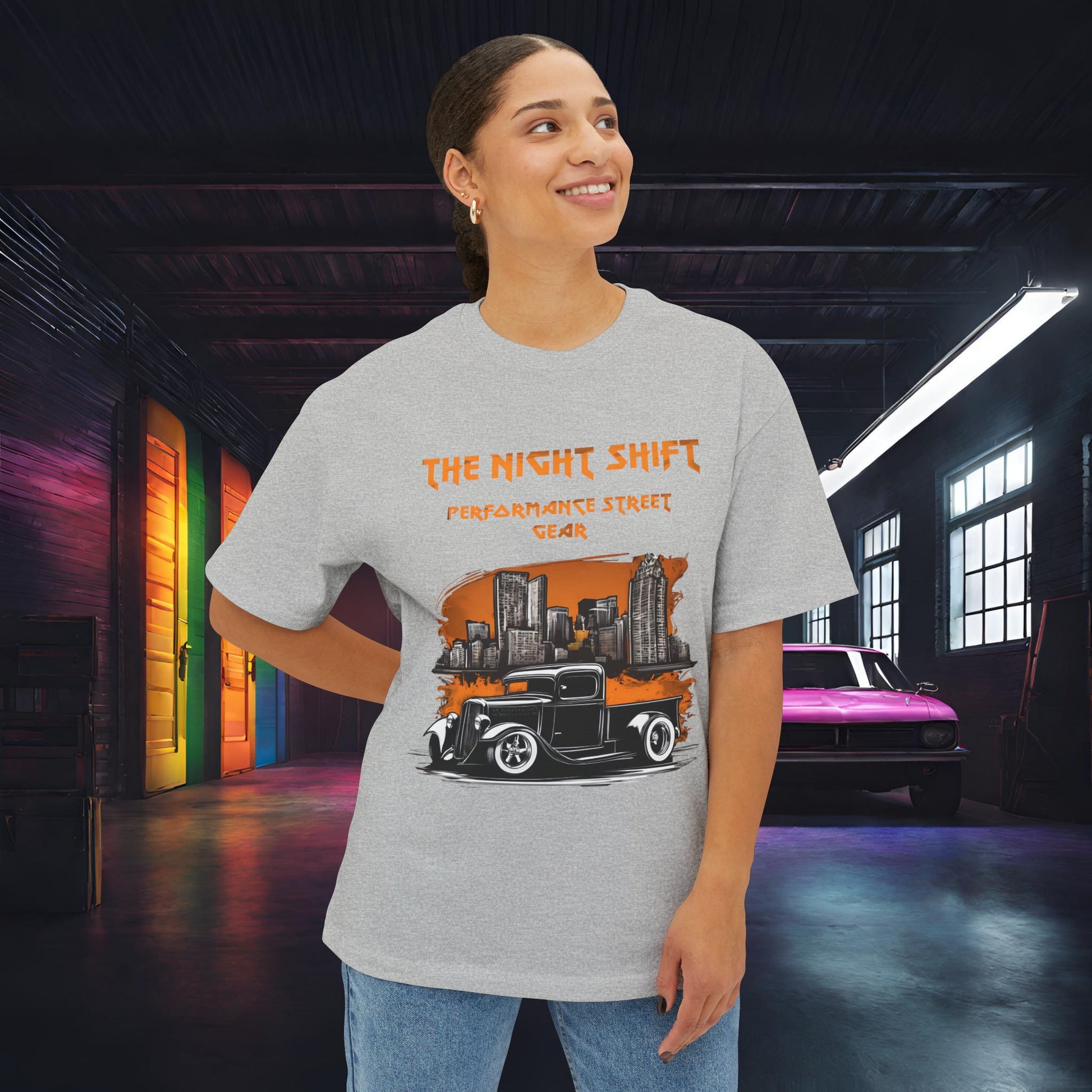 1930's Hot Rod Pick Up Urban Streets-Premium, Ultra Soft Unisex Oversized Boxy Tee Printify by The Night Shift Automotive Apparel