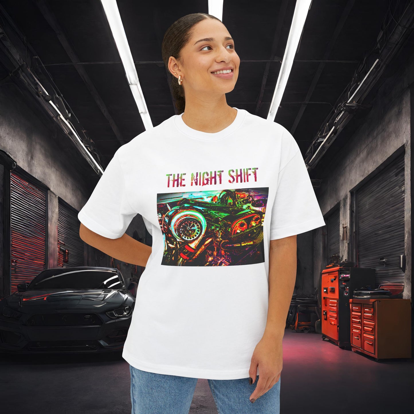 2JZ-GTE Single Turbo Synthwave-Premium, Ultra Soft Unisex Oversized Boxy Tee Printify by The Night Shift Automotive Apparel