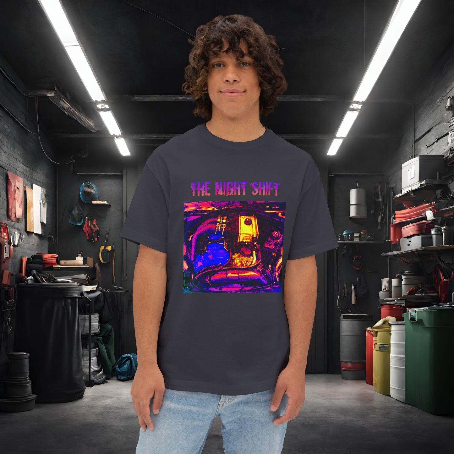 S55 Synthwave-Premium, Ultra Soft Unisex Oversized Boxy Tee Dark Grey Printify by The Night Shift Automotive Apparel