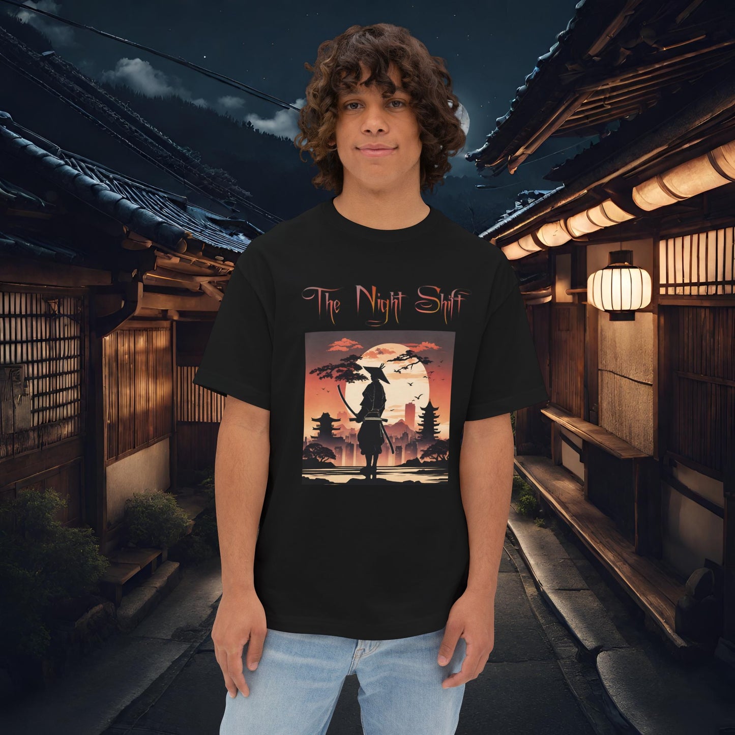 Samurai Full Moon Silhouette-Premium, Ultra Soft Unisex Oversized Boxy Tee Black Printify by The Night Shift Automotive Apparel
